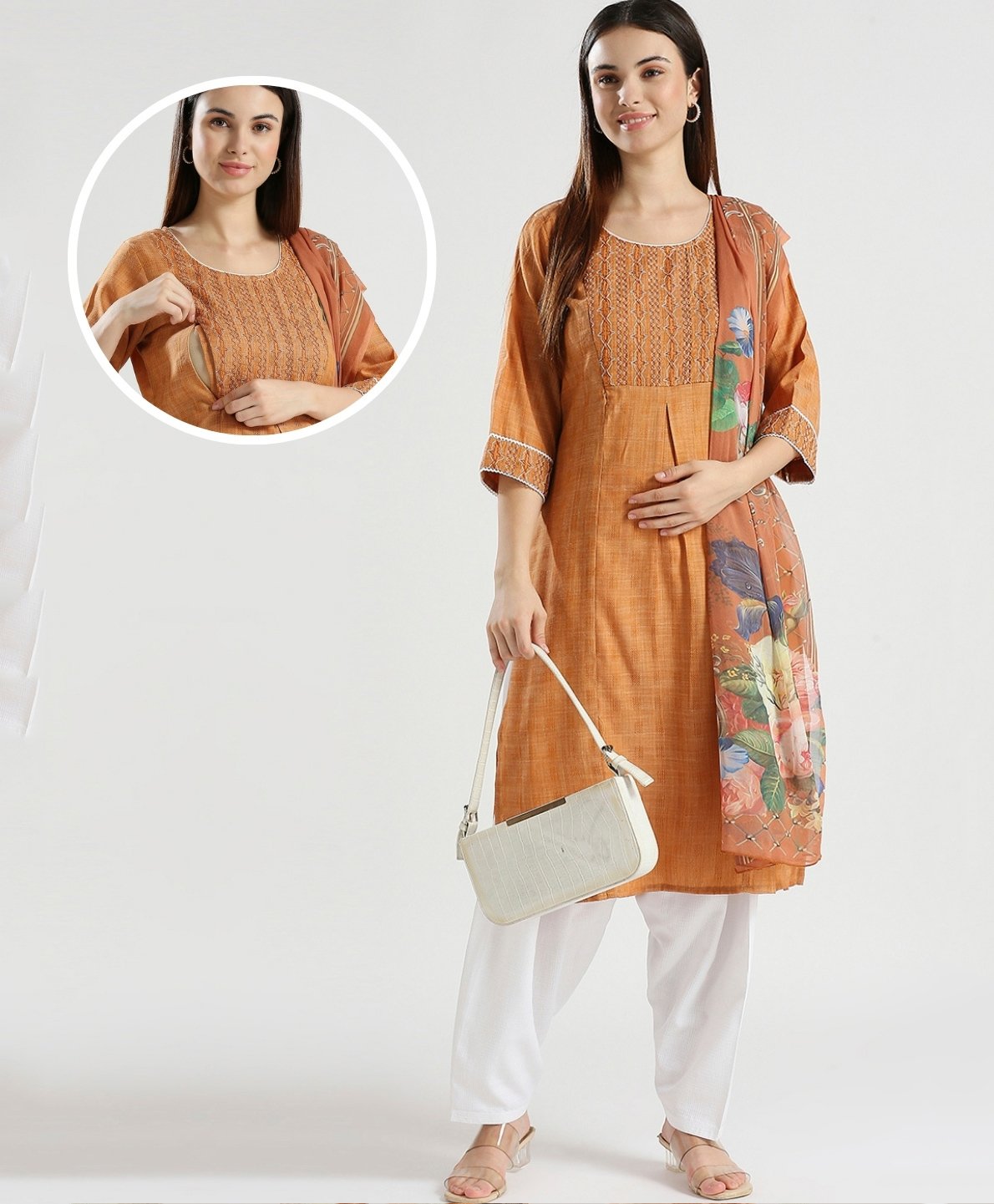 Dummy Shape Three Fourth Sleeves Abstract Embroidered Maternity Kurta With Concealed Zipper Nursing Access With Patiala & Dupatta Set - Mustard