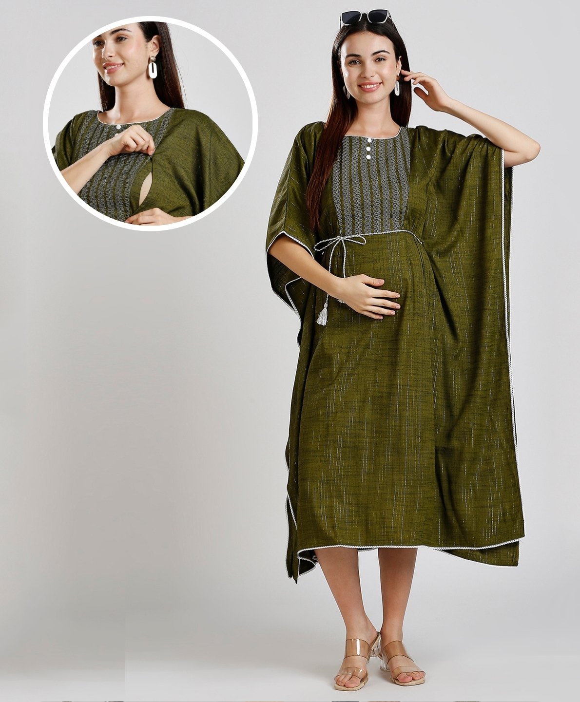 Dummy Shape Three Fourth Sleeves Abstract Embroidered Stretchable Maternity Kaftan Kurta With Attached Dori Belt & Concealed Zipper Nursing Access - Olive Green-image-47