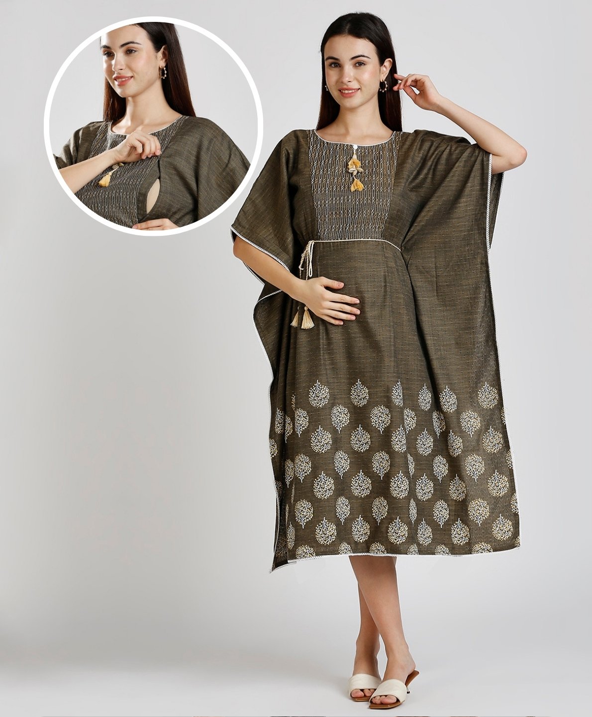 Dummy Shape Three Fourth Sleeves Abstract Embroidered Stretchable Maternity Kaftan Kurta With Attached Dori Belt & Concealed Zipper Nursing Access - Dark Grey-image-39