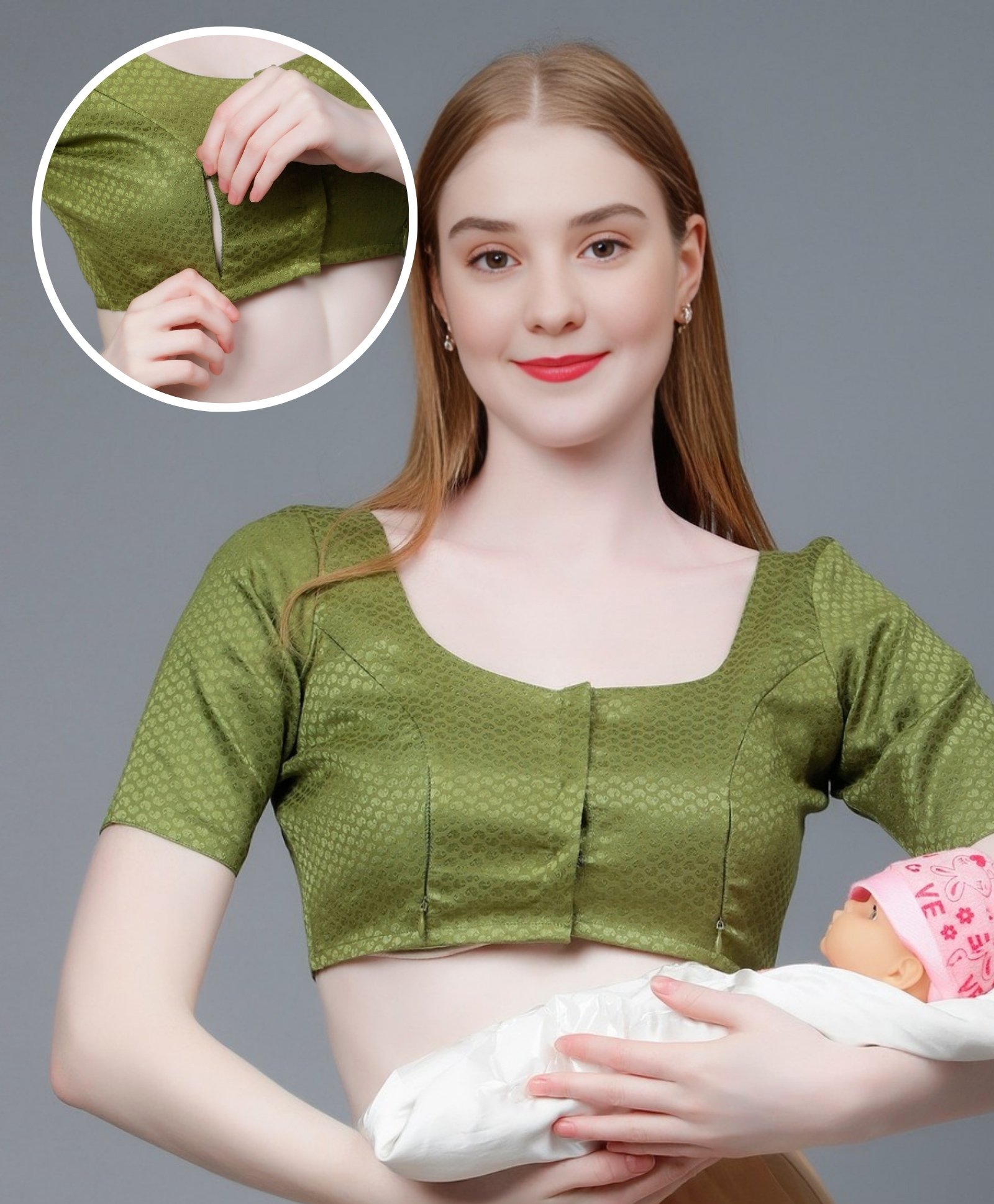 Dummy Shape Cotton Half Sleeves Abstract Foil Printed Maternity Blouse With Nursing Access - Olive Green