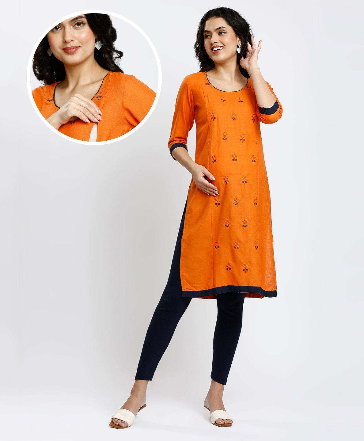True Shape Three Fourth Sleeves Floral Motif Embroidered Maternity Kurta With Concealed Zipper Nursing Access - Orange-image-7