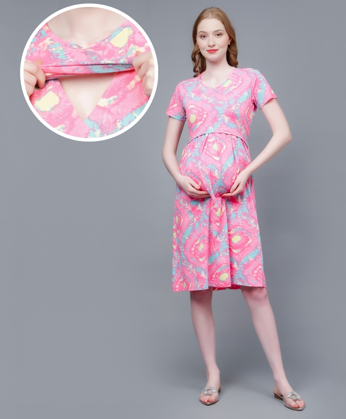 True Shape Half Sleeves Tie Dye Maternity Dress With Zipless Nursing Access - Baby Pink-picture-14