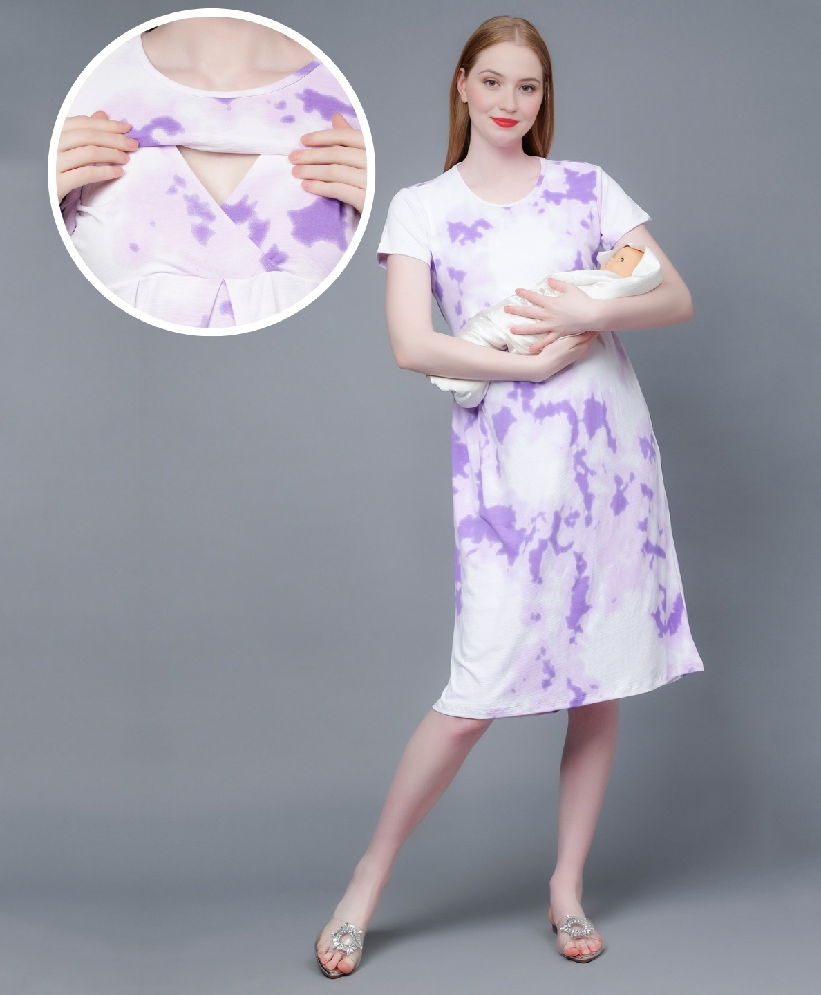 True Shape Half Sleeves Tie Dye Maternity Dress With Zipless Nursing Access - Purple-picture-17