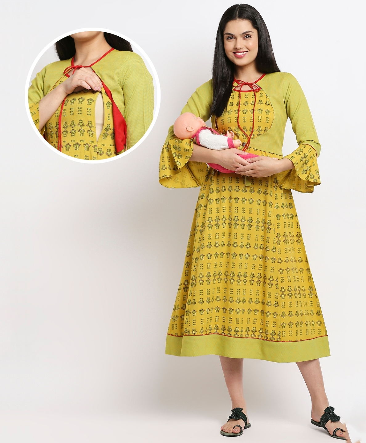 True Shape Three Fourth Bell Sleeves Abstract Printed Maternity Flared Kurta With Concealed Zipper Nursing Access - Light Green-image-8