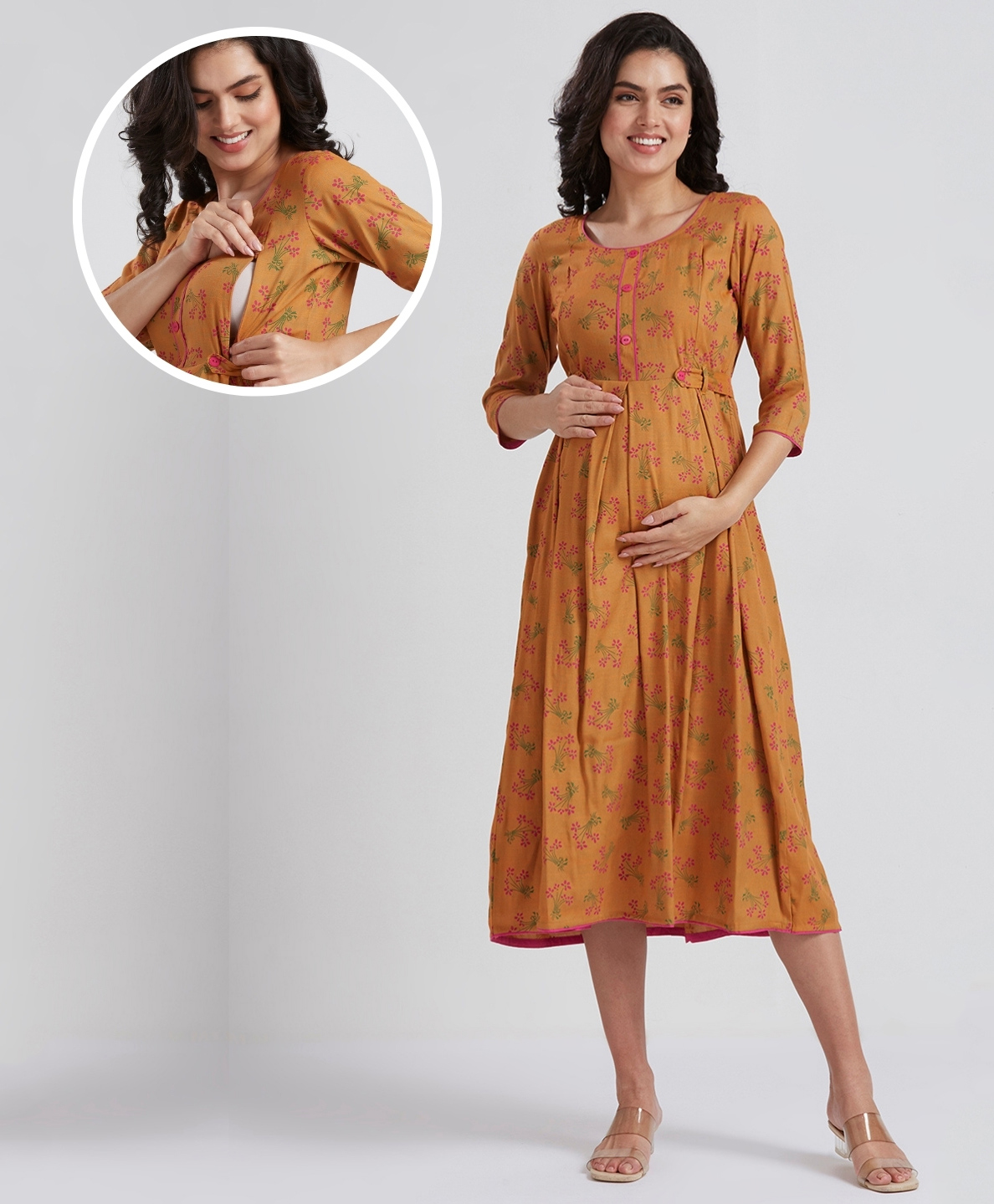 True Shape Three Fourth Sleeves Floral Printed Maternity Kurta With Concealed Zipper Nursing Access - Mustard-image-6