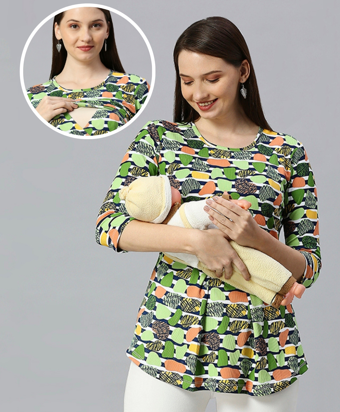 True Shape Three Fourth Sleeves Abstract Printed Maternity Top With Two Layer Lift Nursing Access - Green-picture-12