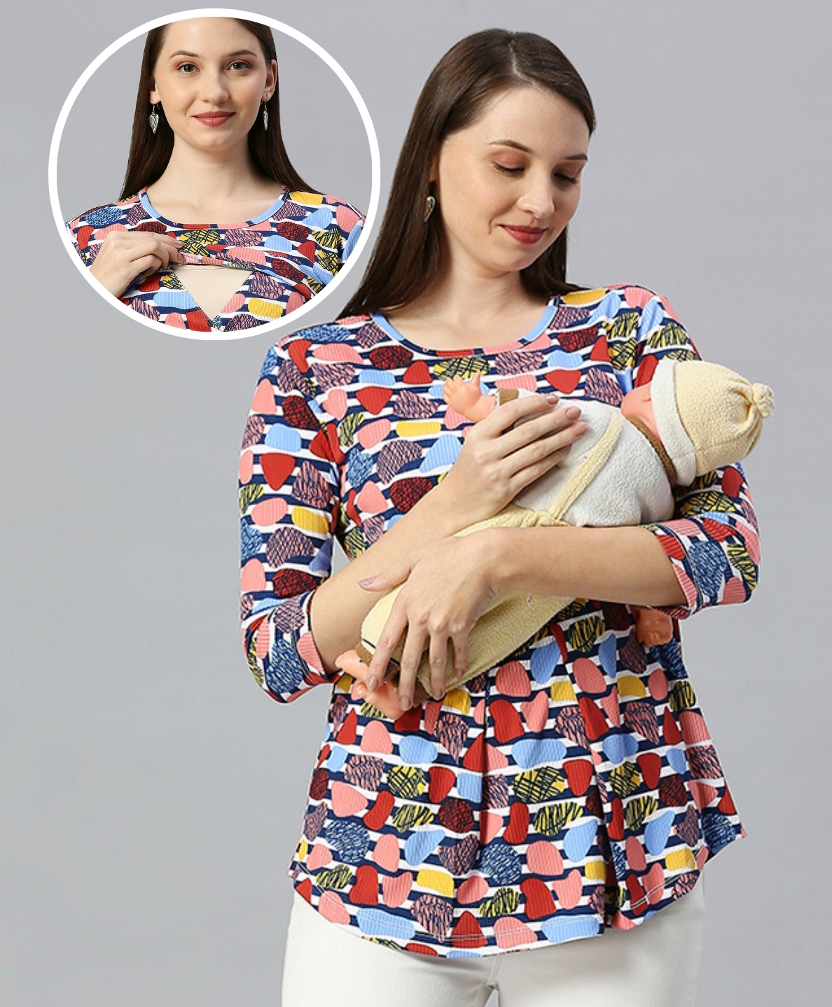 True Shape Three Fourth Sleeves Abstract Printed Maternity Top With Two Layer Lift Nursing Access - Red