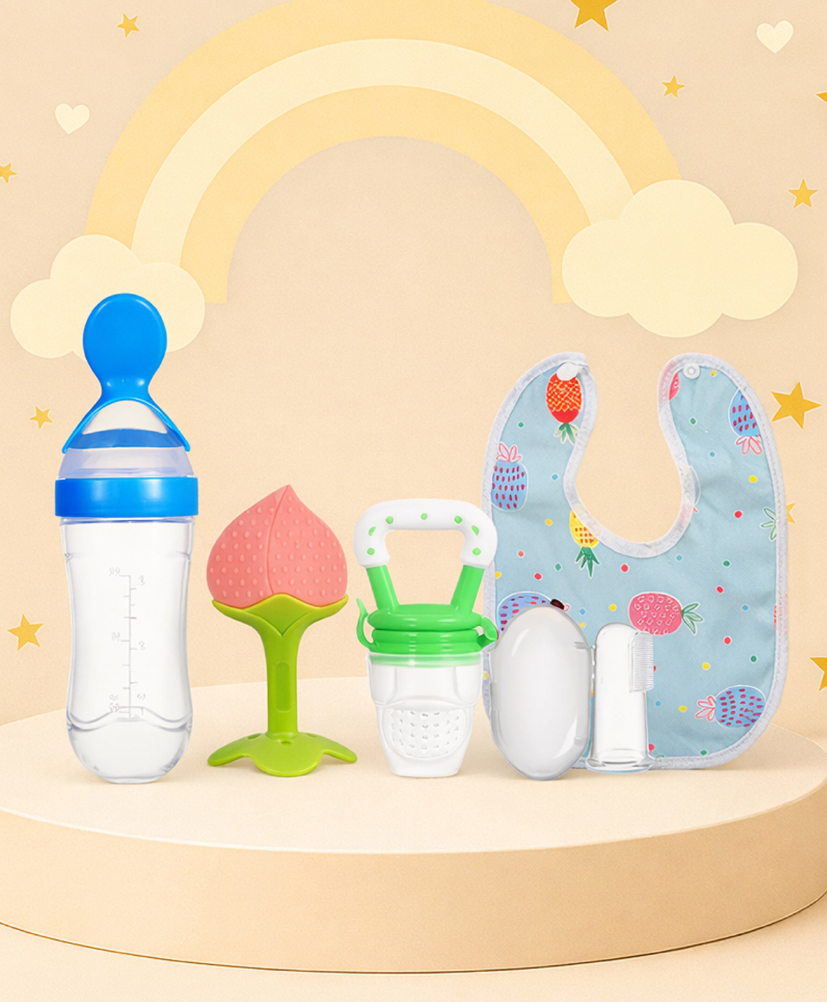 The Cheeky Kidzz Baby Spoon Feeding Bottle| Soft Silicone Fruit Shape Teether | Fruit Nibbler with Button Bib Aprons and Finger Toothbrush BPA Free(BLUE)-image-17