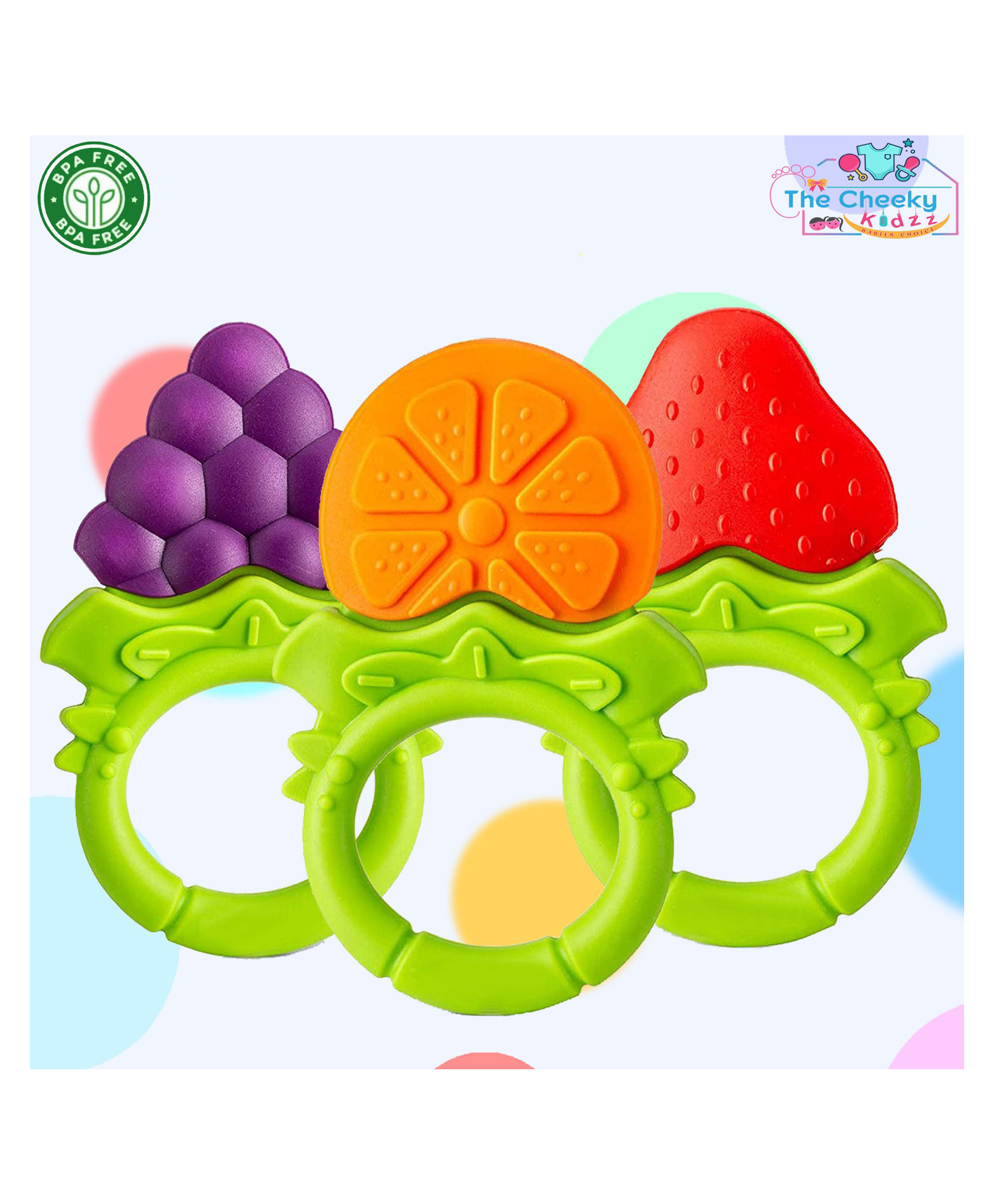 The Cheeky Kidzz Pack of 3 Baby Soft Silicone Fruits Shaped Teether Teething Toys for Baby Textured Molar Teeth Massage BPA Free-picture-26
