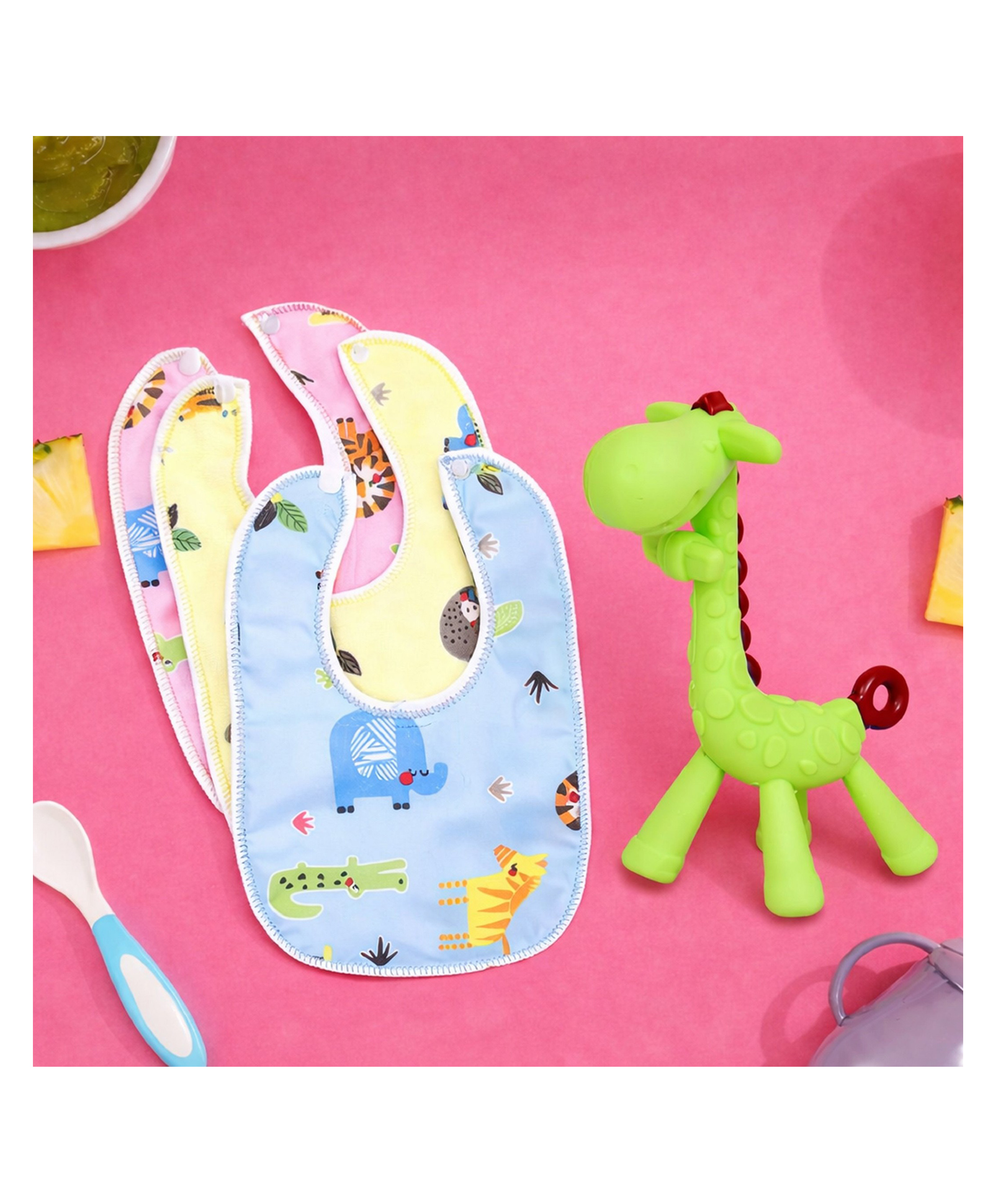 The Cheeky Kidzz Baby Giraffe Shape Soft Silicone Teething Toy for Oral Dental Car Non-Toxic Flexible BPA Free with 3 Feeding Bibs (GREEN)-image-48