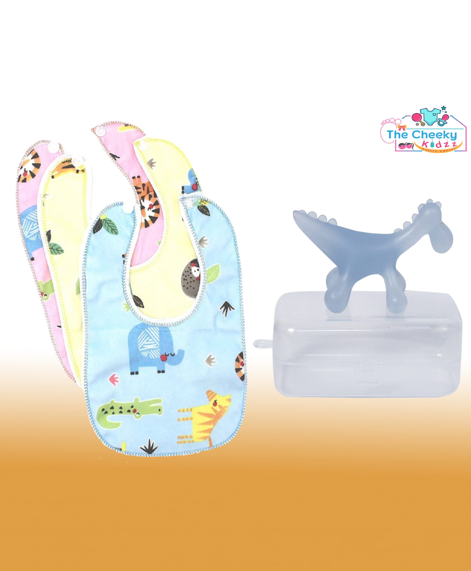 The Cheeky Kidzz Baby Dinosaur Shape Soft Silicone Teething Toy for Oral Dental Car Non-Toxic Flexible BPA Free with 3 Feeding Bibs (BLUE)-picture-19
