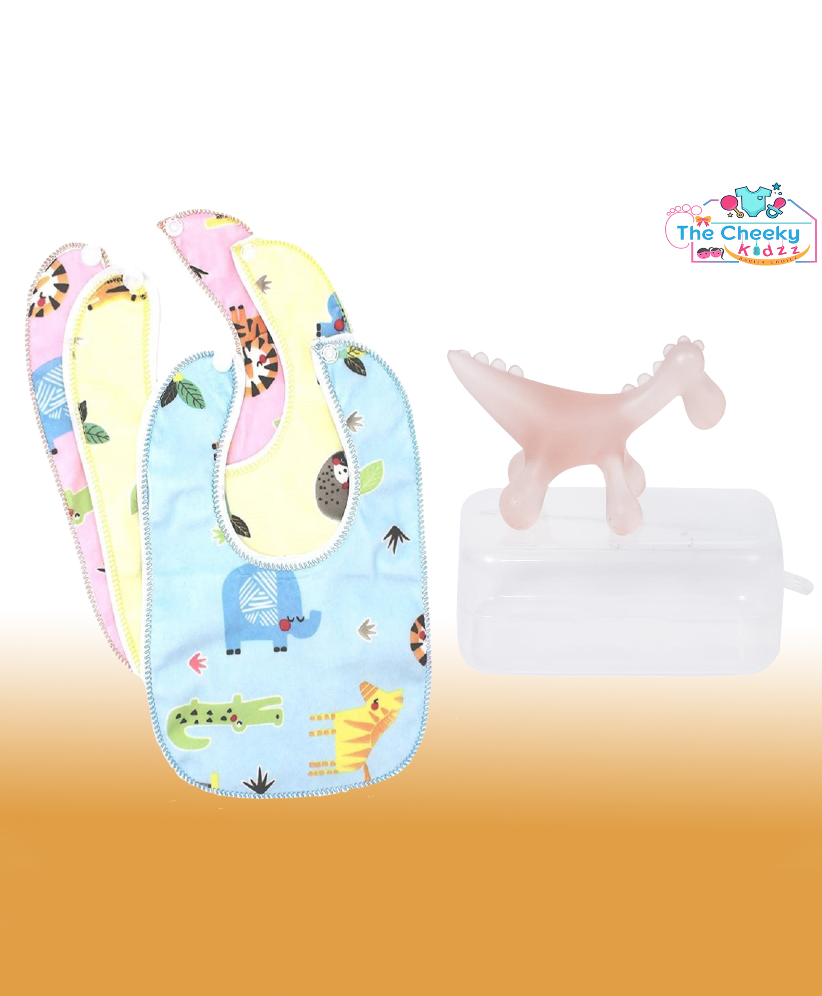 The Cheeky Kidzz Baby Dinosaur Shape Soft Silicone Teething Toy for Oral Dental Car Non-Toxic Flexible BPA Free with 3 Feeding Bibs (PINK)-image-5