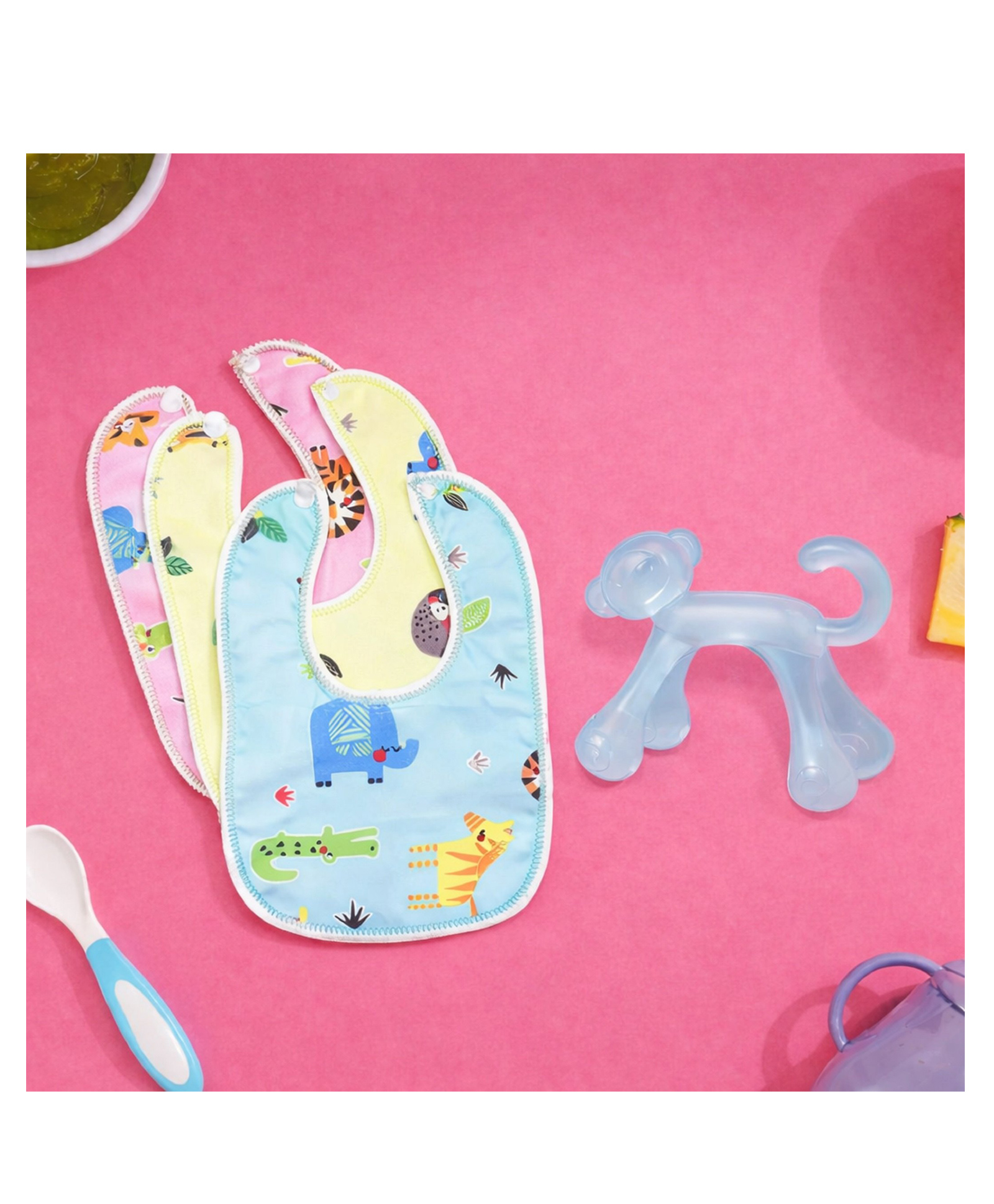 The Cheeky Kidzz Baby Monkey Shape Soft Silicone Teething Toy for Oral Dental Car Non-Toxic Flexible BPA Free with 3 Feeding Bibs (BLUE)-image-3