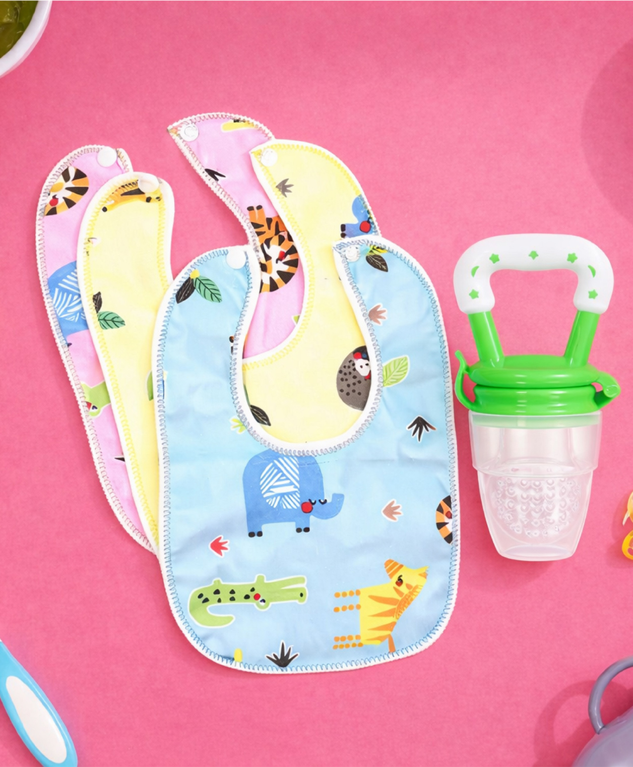 The Cheeky Kidzz Baby Soother Fruit Vegetable Food Feeder Nibbler Teething Teether with 3 Feeding Bibs (GREEN)-image-3
