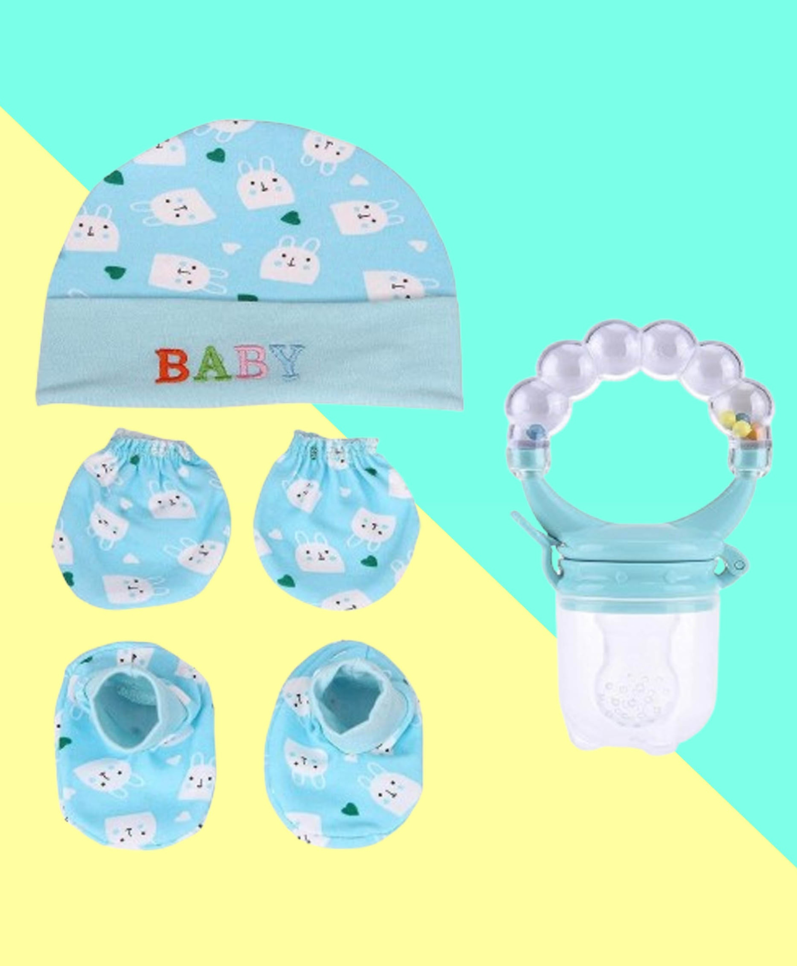The Cheeky Kidzz Baby Soother Fruit Vegetable Food Feeder Rattle Nibbler Teething Teether with Essential Miten Cap Combo - BLUE-image-16