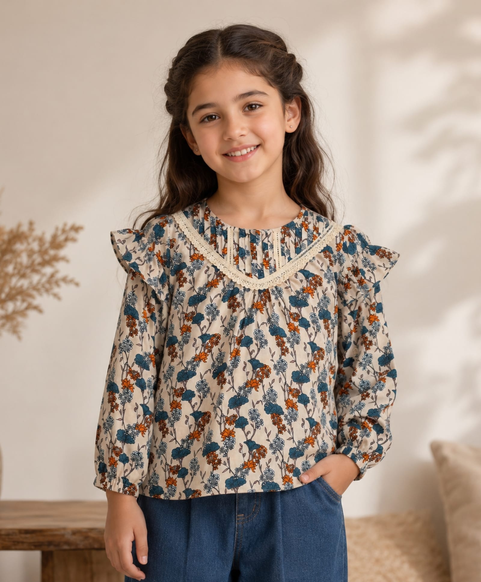 My Milestones Full Sleeves Floral Printed Lace Detailed Top - Cream-image-39