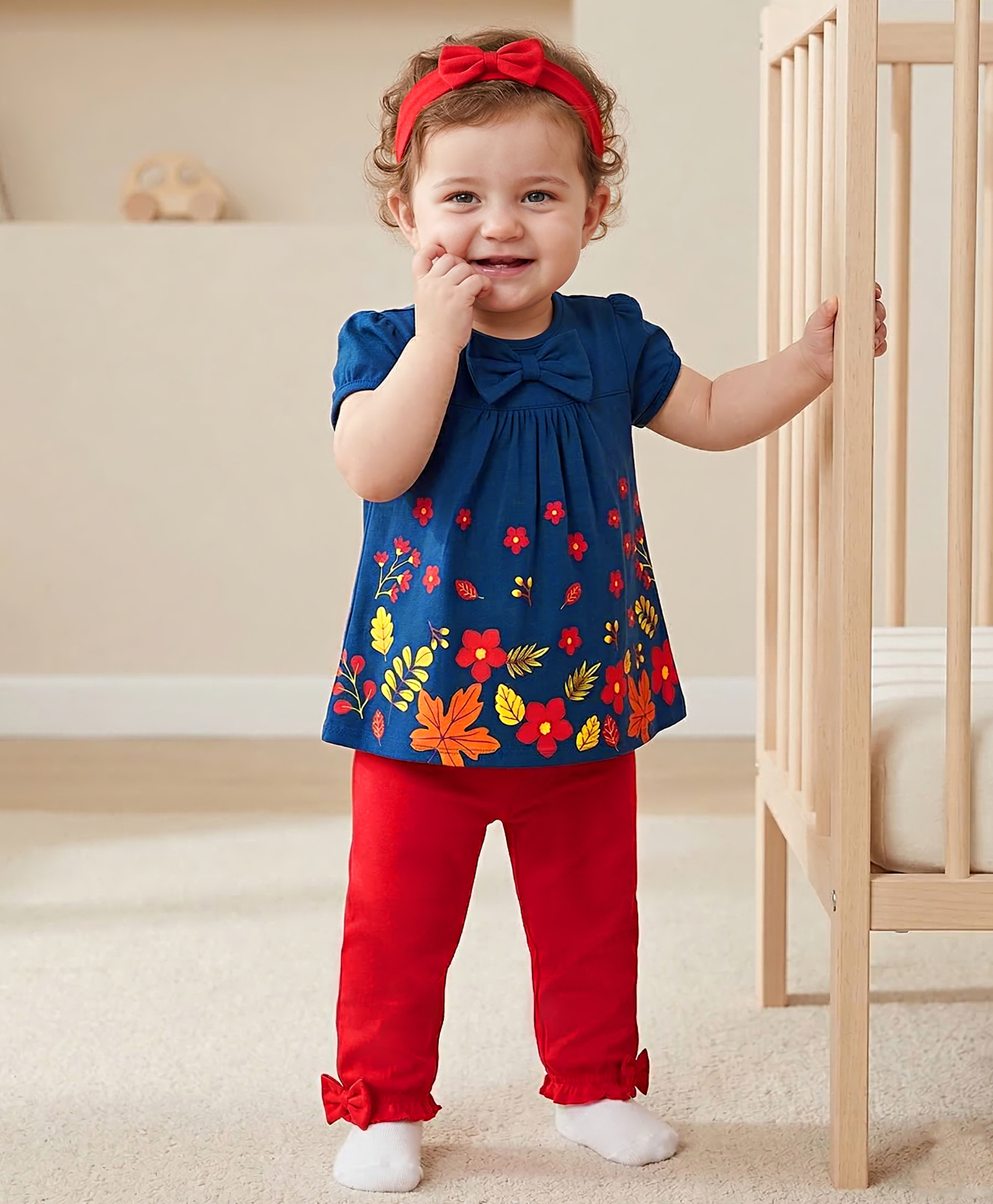 Babyoye Eco Conscious 100% Cotton Knitwith Eco Jiva Finish Half Sleeves Floral Printed Frock Style Onesie with Leggings & Headband - Navy Blue-image-37