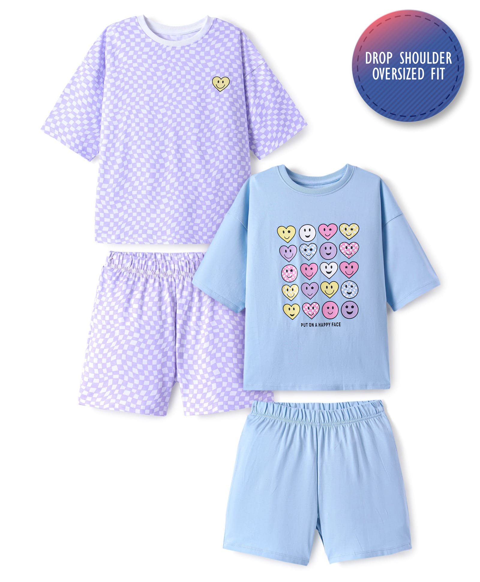 Primo Gino 100% Cotton Knit Half Drop Shoulder Sleeves Shorts Set Pack of 2 - Light Blue & Purple-image-14