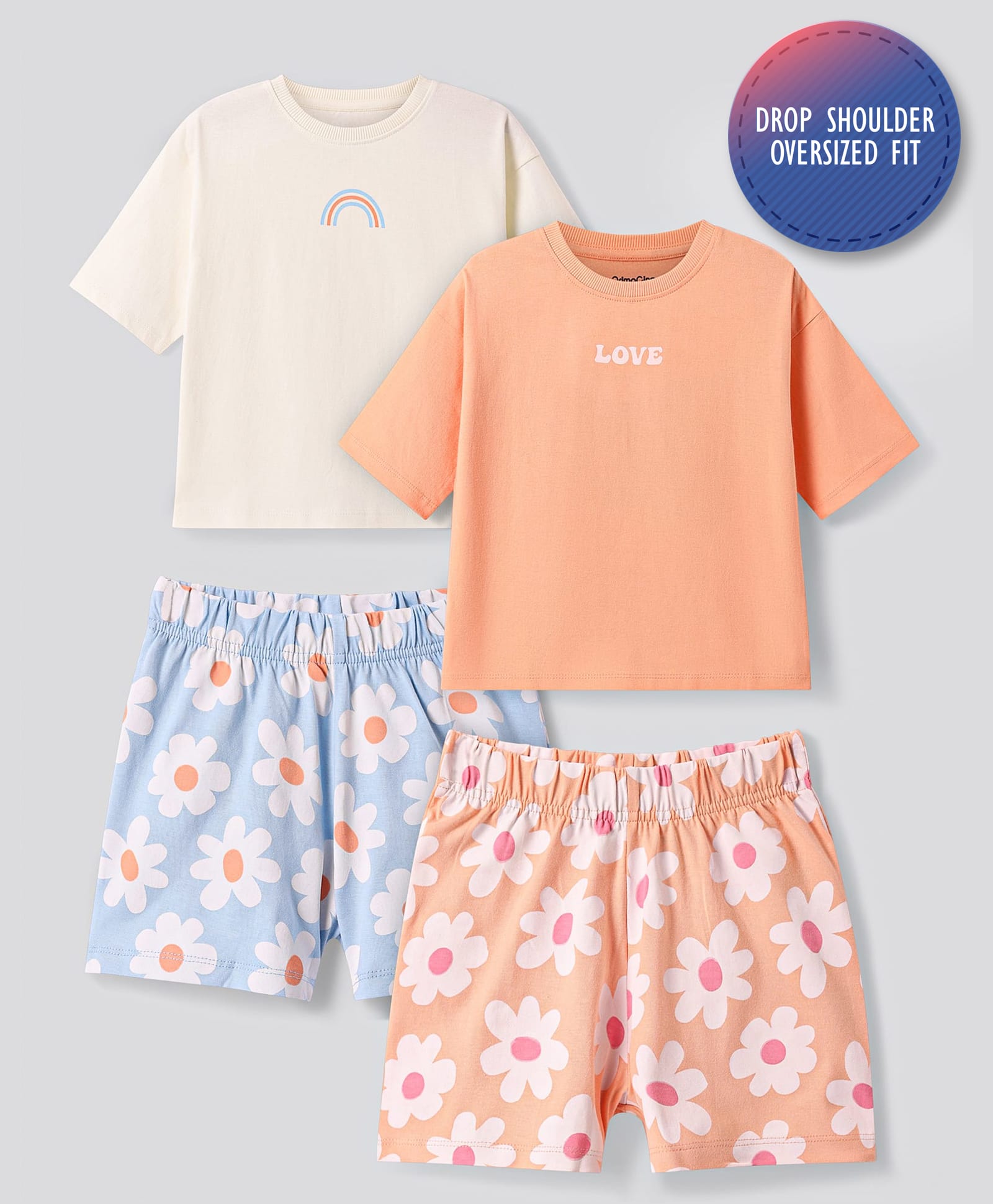 Primo Gino 100% Cotton Half Sleeves Shorts Night Suit With Floral & Text Print Pack Of 2 - Peach & Off White-image-41