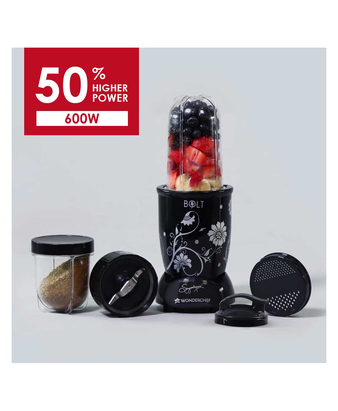 Wonderchef Nutri-blend BOLT Mixer, Grinder, Blender 600W 22000 RPM 100% Copper Motor 2 jars with Sipper lid - Black