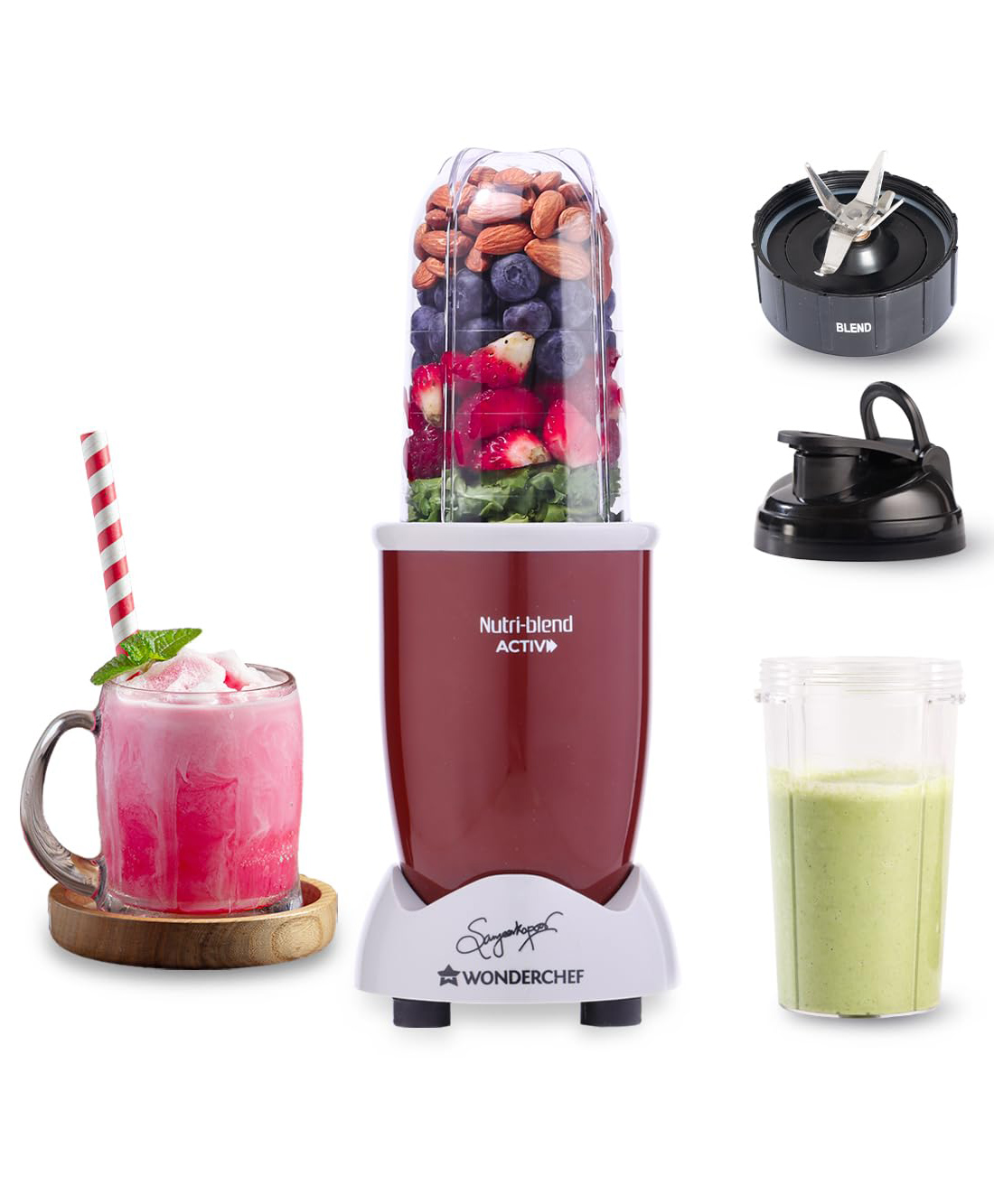 Wonderchef Nutri-blend Activ Mixer Grinder Blender, Smoothie Maker, 500W 22000 RPM 100% Full Copper Motor, 2 Unbreakable Jars, SS Blades, 2 Year Warranty, Recipe book by Chef Sanjeev Kapoor, Red