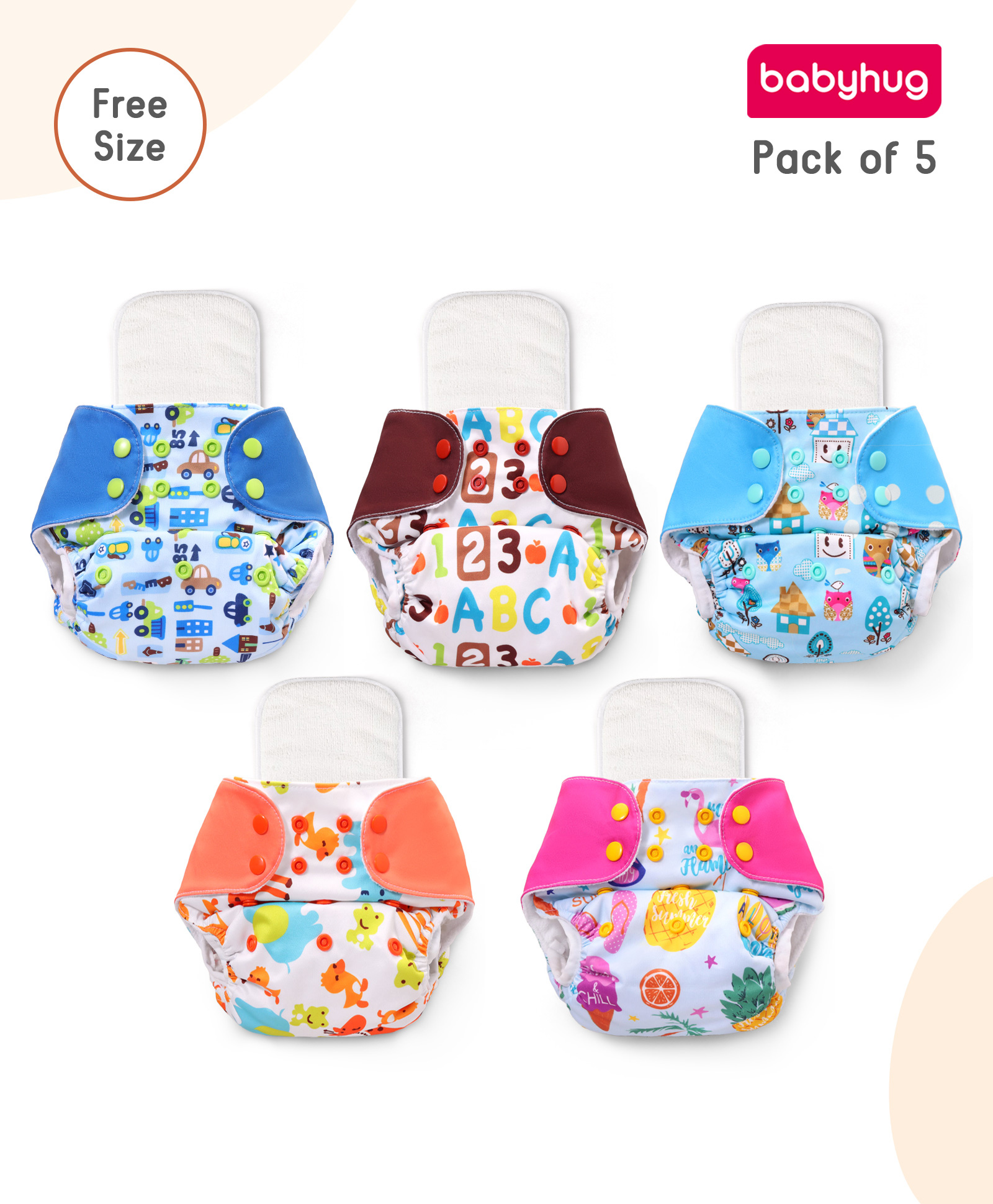 Babyhug Free Size Reusable Cloth Diaper With Inserts & Contrast Flap Pack of 5 - Multicolour