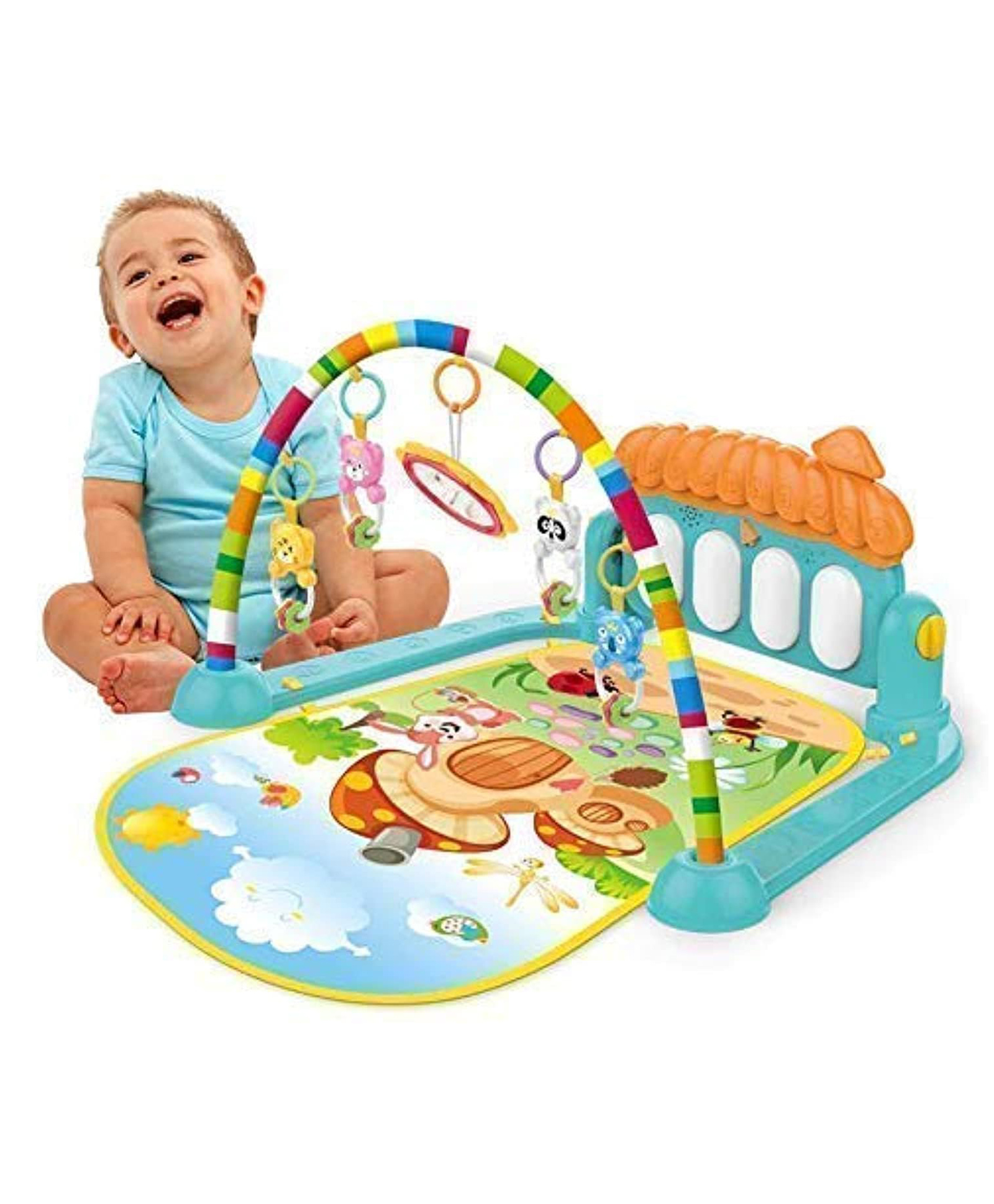 FUNVERSE Musical Keyboard Mat Piano | Baby Gym & Fitness Rack | Baby Play Mat | Fitness Rack with Hanging Rattles | Lights & Musical Keyboard | Gift for Babies & Kids | Nature Design