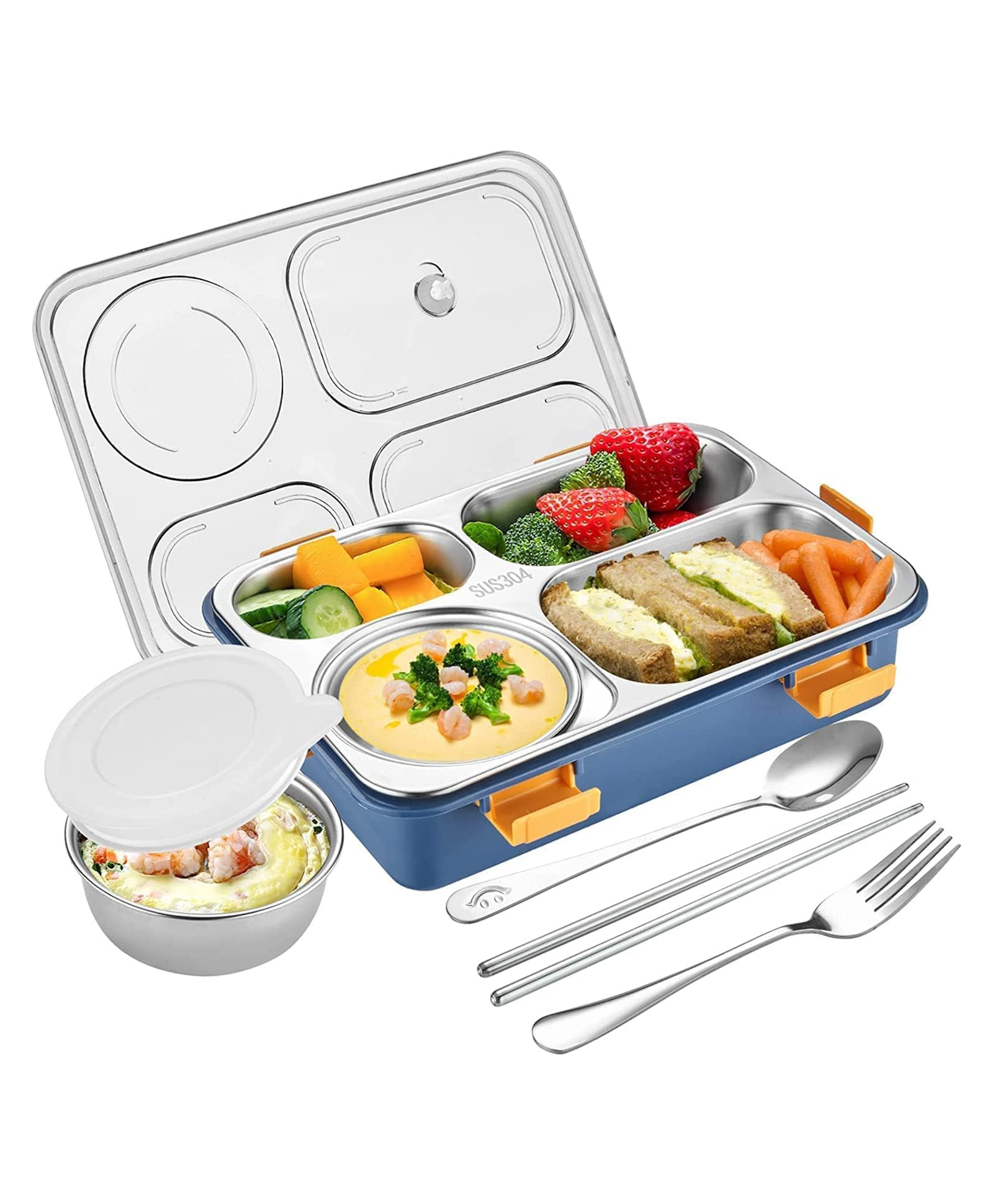 FUNVERSE Lunch Box for Adults Lunch Box for Kids Stainless Steel Lunch Box with Fork,Chopstick & Spoon Lid Office Food Container 4 Compartment for Kids & Adults (Blue)(1.3Ltr)