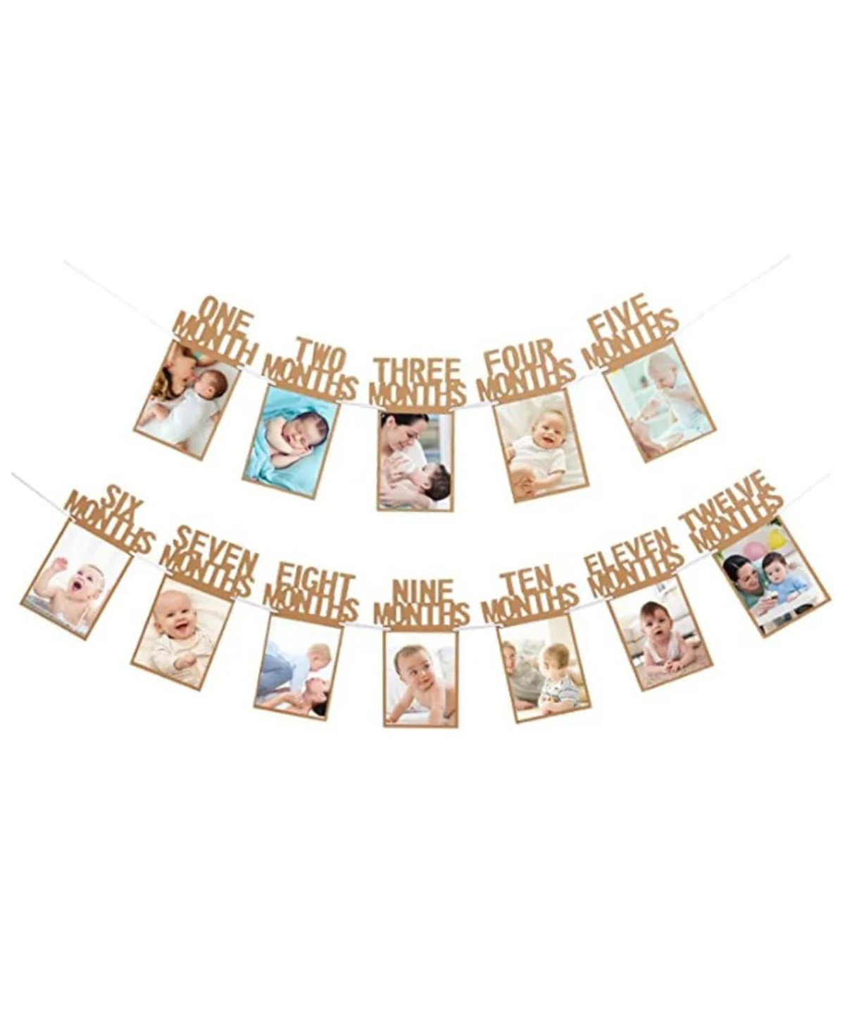 Decor Mantra 1st to 12th month paper photo banner for baby shower & first birthday decoration- Brown - Pack of 12