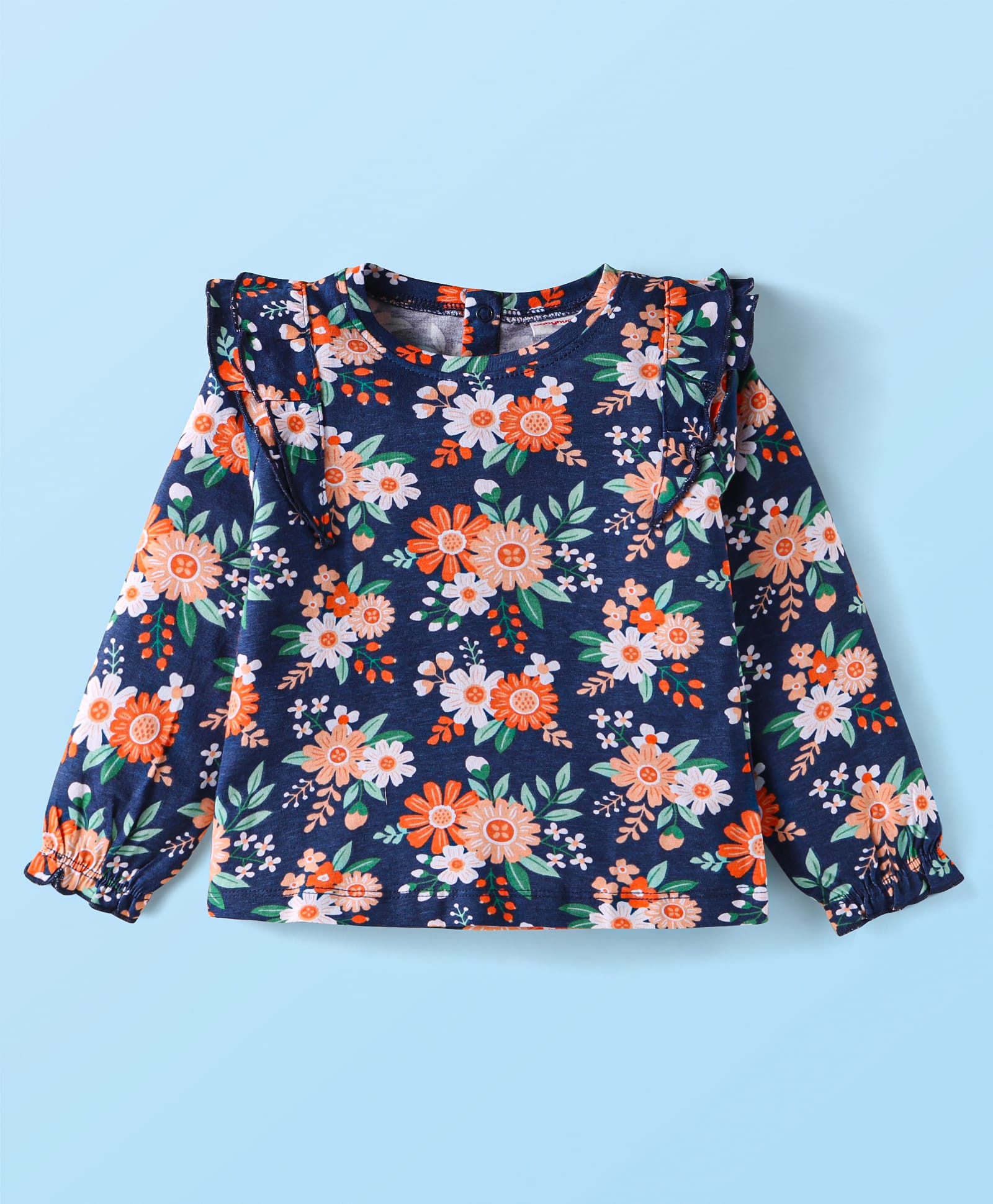 Babyhug Cotton Knit Full Peasant Sleeves Top with Floral Print & Frill Detailing - Navy Blue-image-0