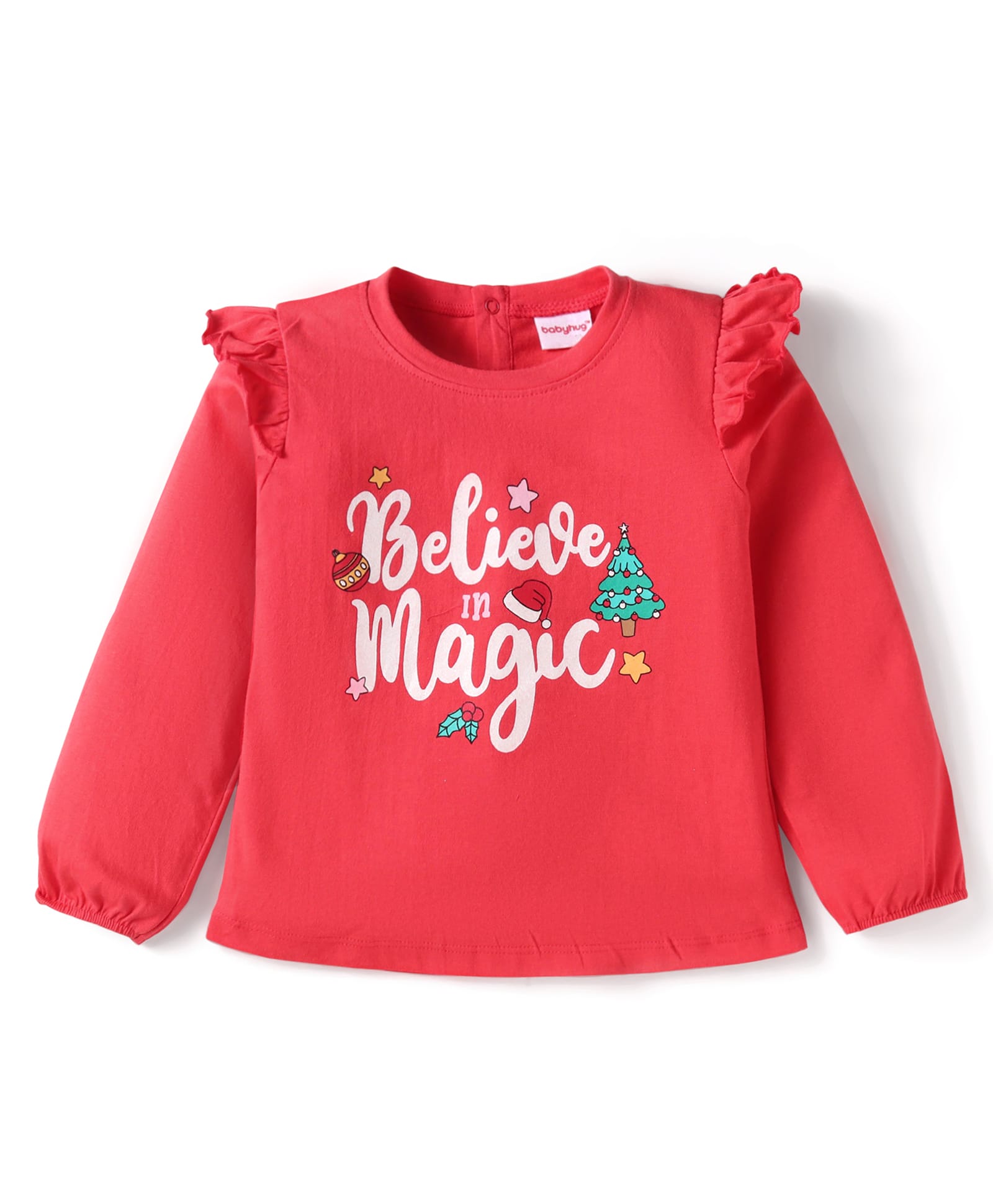 Babyhug Cotton Knit Full Peasant Sleeves Believe in Magic Printed Top with Frill Detailing - Red-image-30