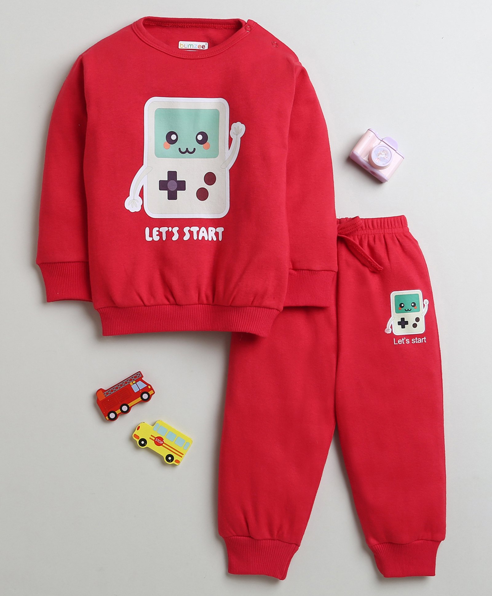 Bumzee Cotton Full Sleeves Lets Start Text Printed Sweatshirt With Coordinating Joggers Set - Red-image-21