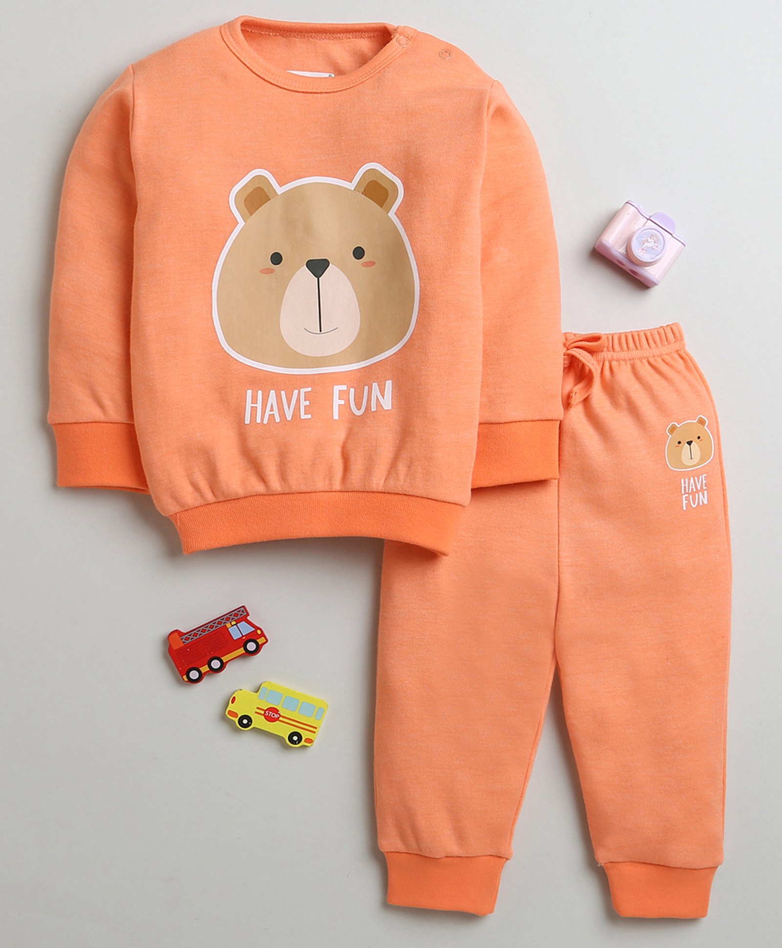 Bumzee Cotton Full Sleeves Bear & Text Printed Sweatshirt With Coordinating Joggers Set - Orange-picture-42