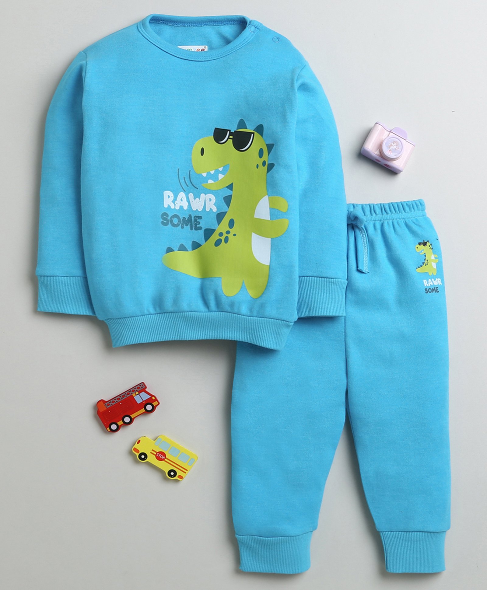 Bumzee Cotton Full Sleeves Dinosaur Printed Sweatshirt With Coordinating Joggers Set - Blue-picture-18