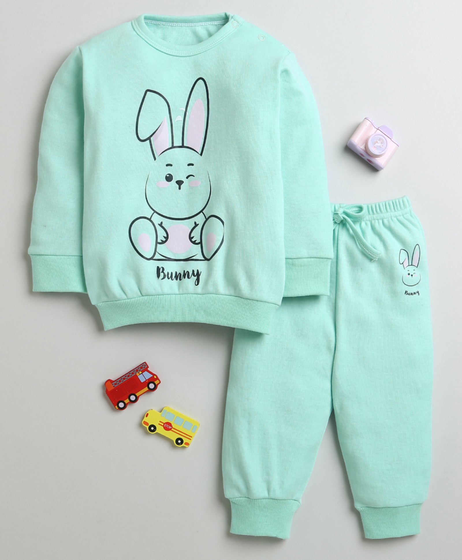 BUMZEE Cotton Full Sleeves Bunny Printed Coordinating Sweatshirt & Joggers Set - Mint Green-picture-40