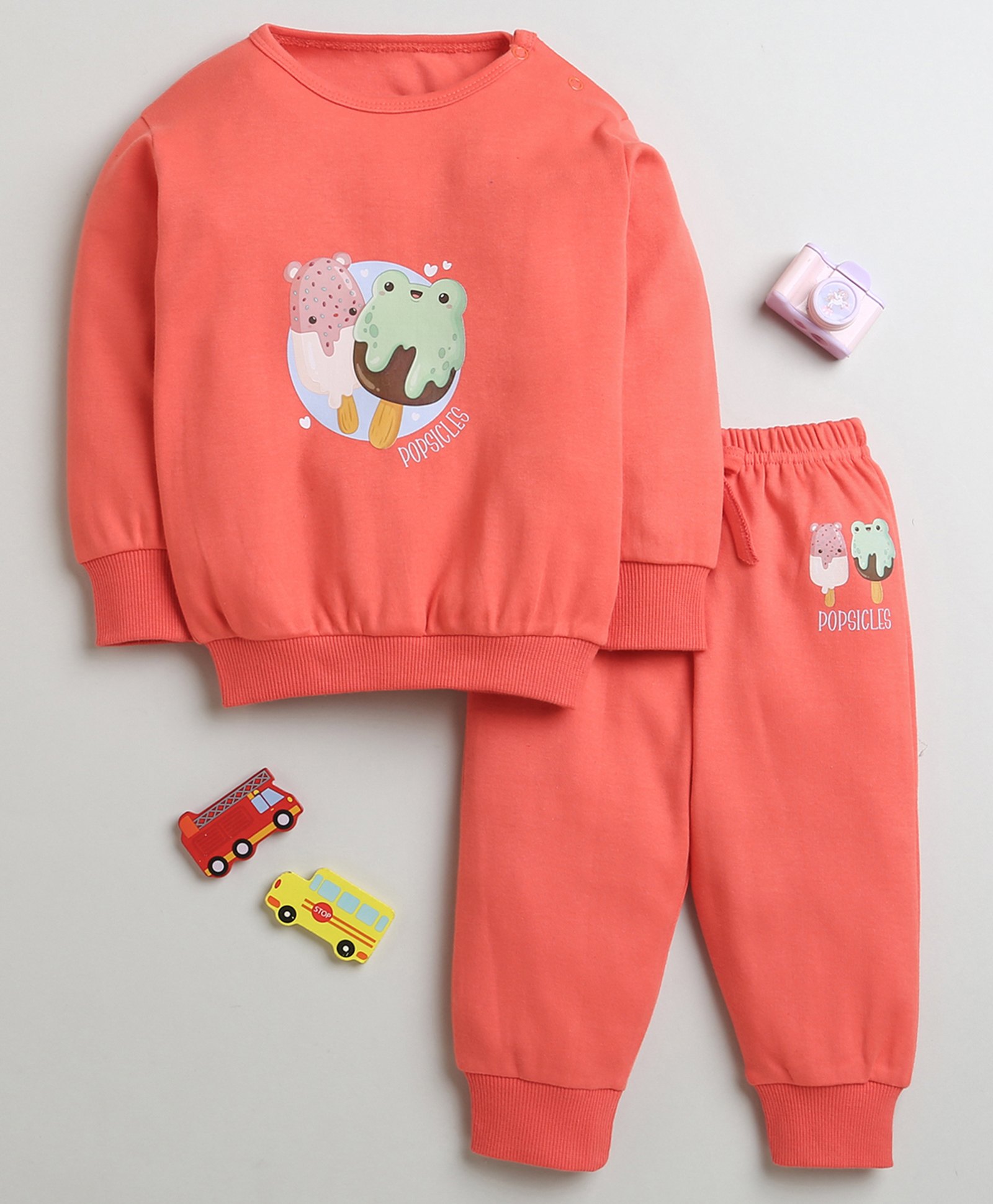 BUMZEE Cotton Full Sleeves Popsicles Printed Coordinating Sweatshirt & Joggers Set - Coral-picture-24