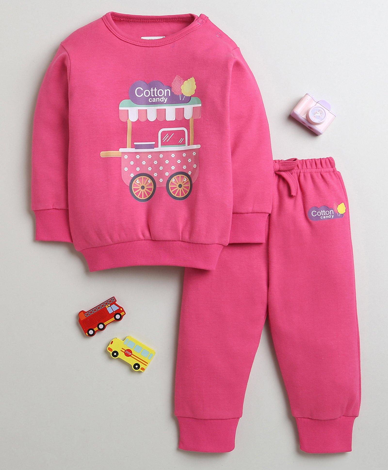 BUMZEE Cotton Full Sleeves Cotton Candy Text Printed Coordinating Sweatshirt & Joggers Set - Pink-image-3