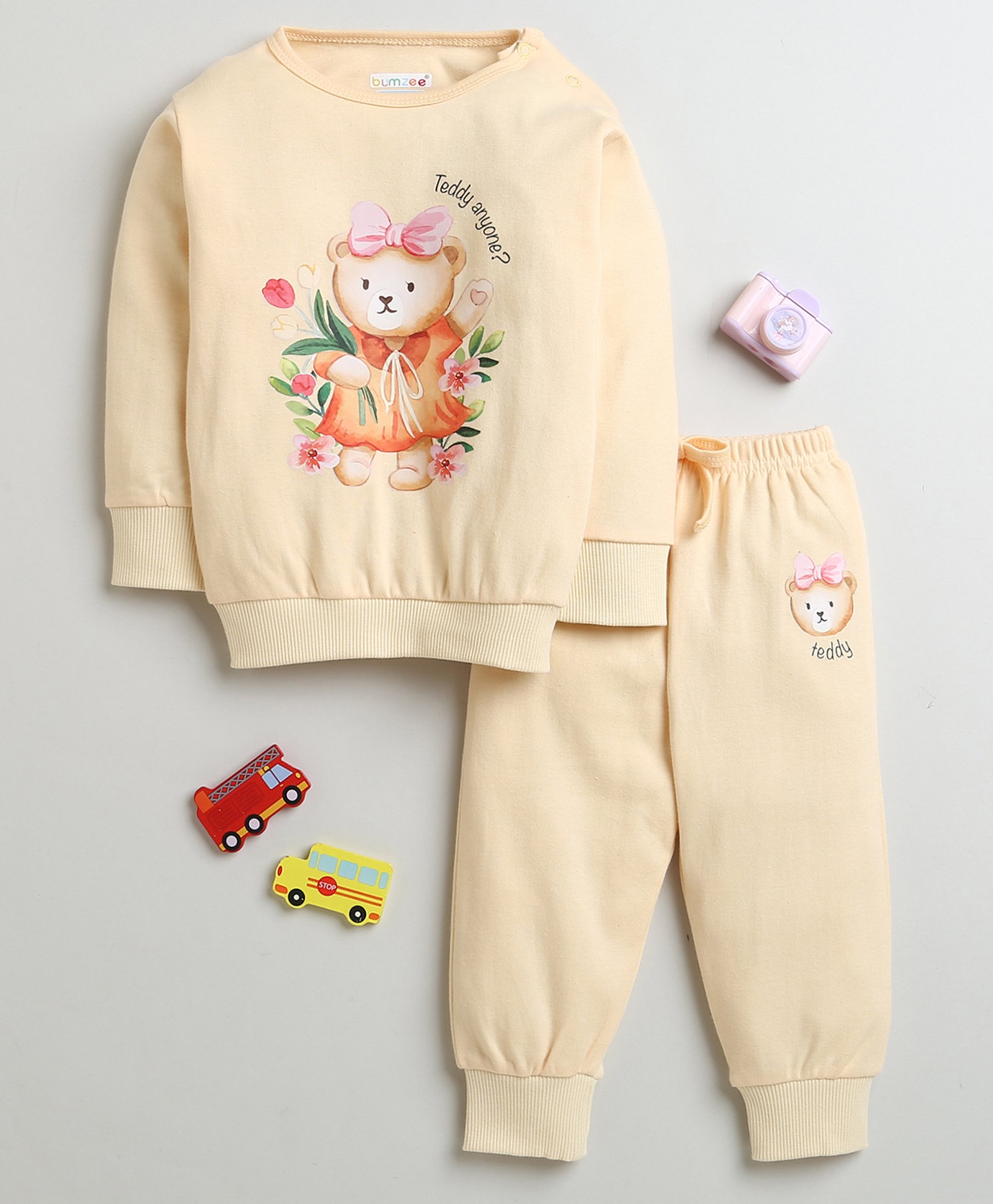 BUMZEE Cotton Full Sleeves Teddy Bear Printed Coordinating Sweatshirt & Joggers Set - Peach-picture-30