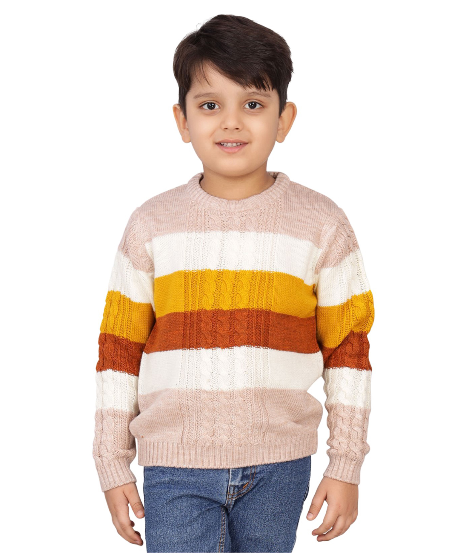 JoE Hazel Full Sleeves Cable Knit Designed Striped Sweater - Multi Colour-image-12