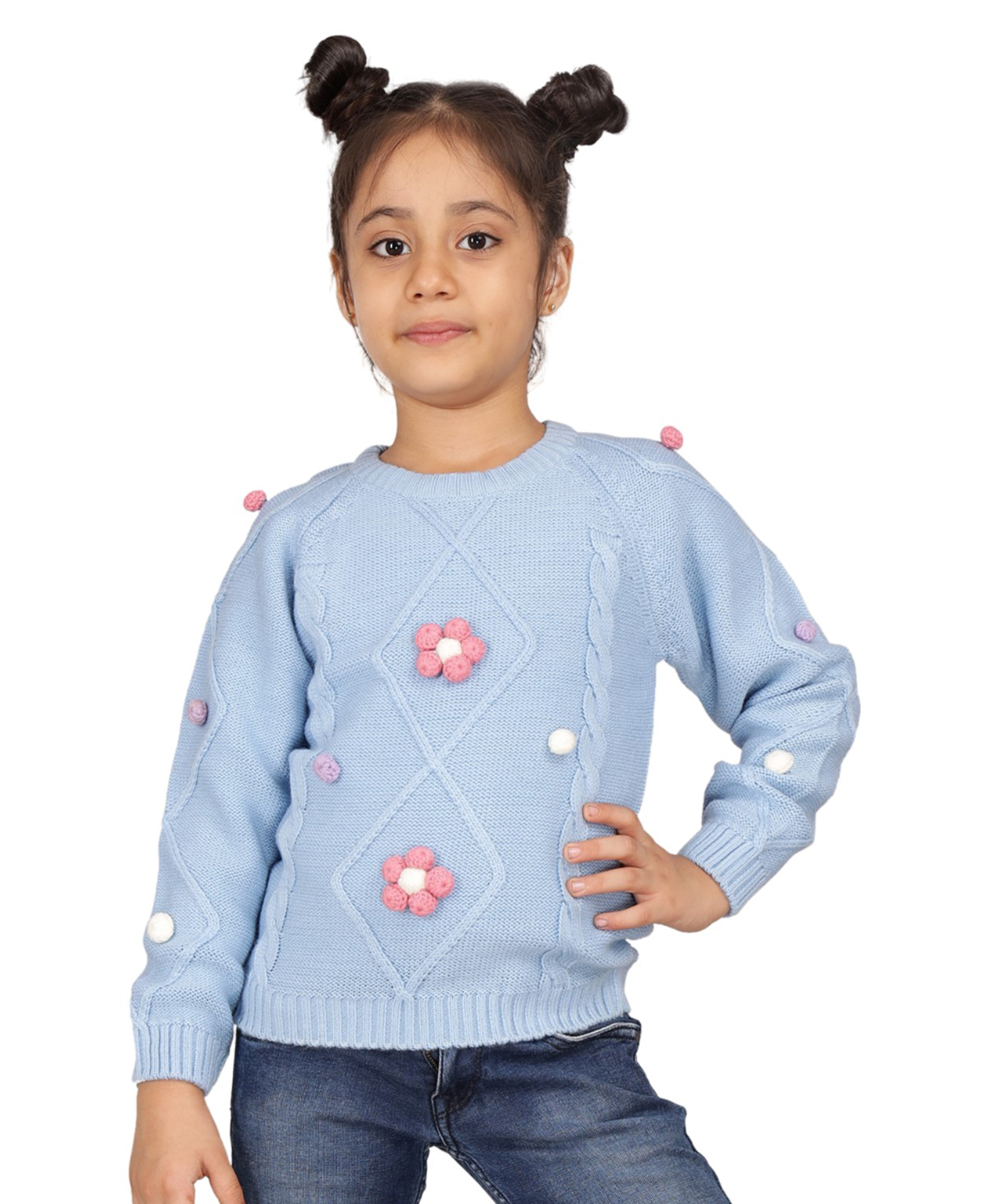 JoE Hazel Full Sleeves Cable Knit Designed & Floral Embellished Sweater - Sky Blue-picture-12