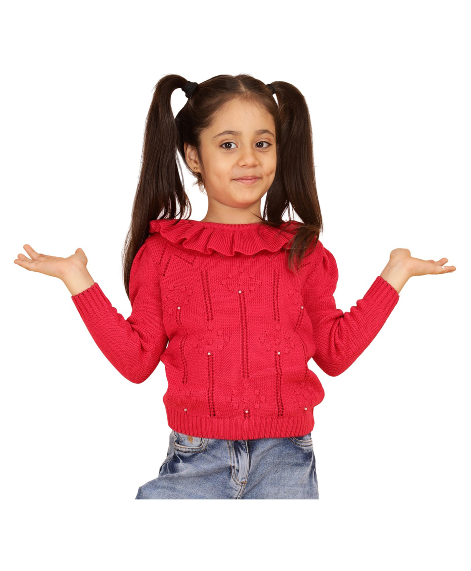 JoE Hazel Full Sleeves Self Designed & Pearls Embellished Sweater - Hot Pink-picture-21