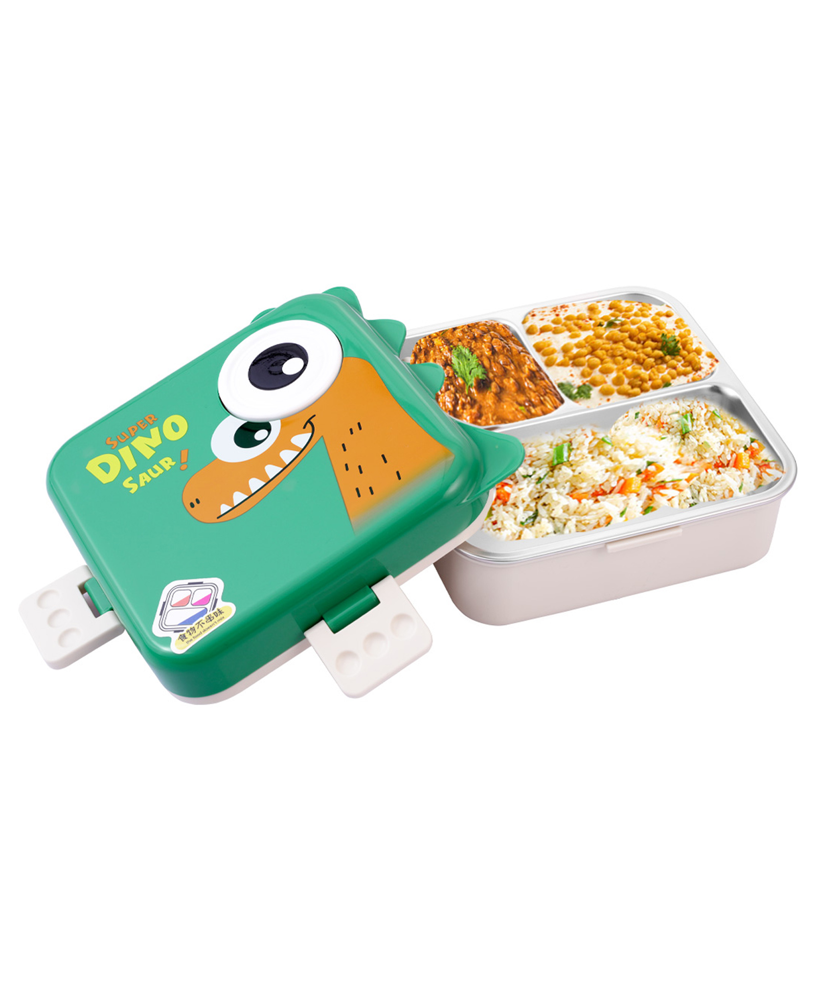 ATTRO Carnival Super Dino Kids Lunch Box 2 Layer Stainless Steel Lunch Box - Green