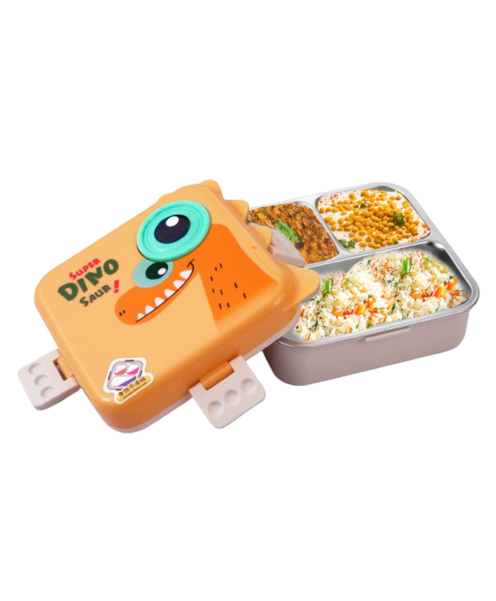 ATTRO Carnival Super Dino Kids Lunch Box 2 Layer Stainless Steel Lunch Box - Yellow