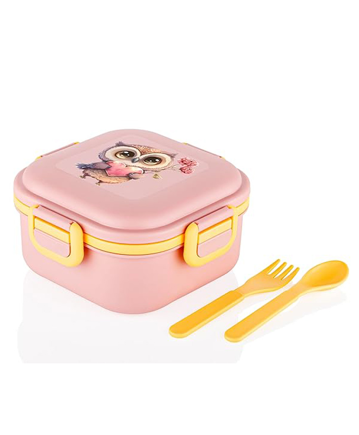 ATTRO Owl Love Plastic Lunch Box with 3 Compartment Fork & Spoon Peach - 800 ml-image-28