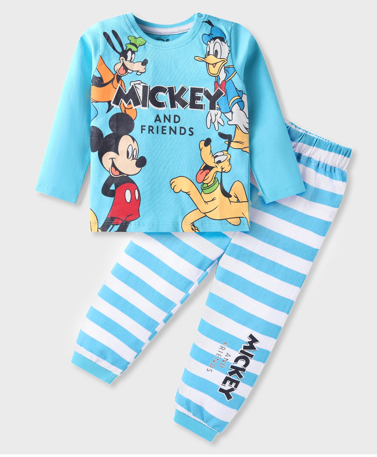 Babyhug Disney Single Jersey Knit Full Sleeves Night Suit with Striped & Mickey Mouse Print - Light Blue-picture-35