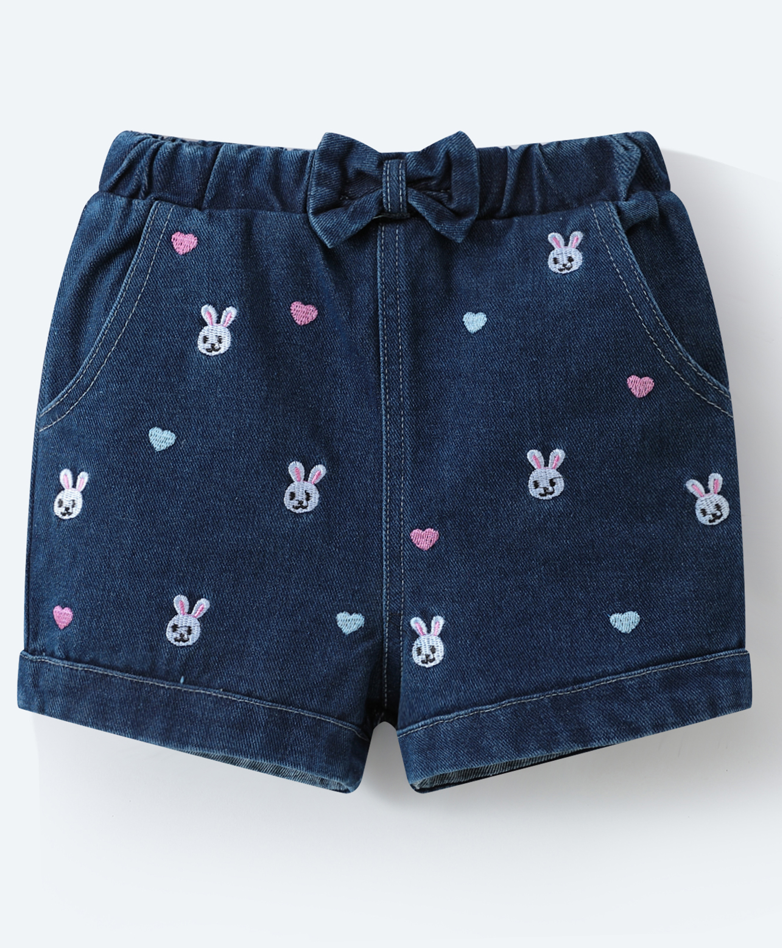 Mark & Mia Washed Denim Shorts With Rabbit & Heart Embroidery & Bow Applique - Navy Blue-picture-14