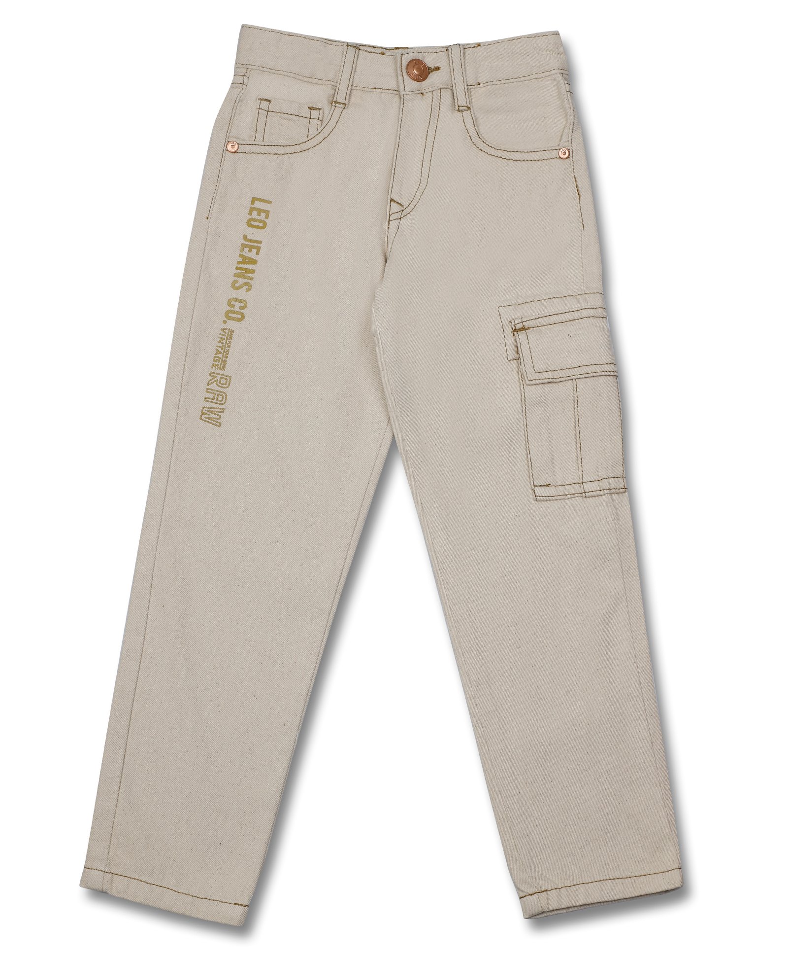LEO Denim Brand Name Text Printed Cargo Jeans - Cream-picture-38