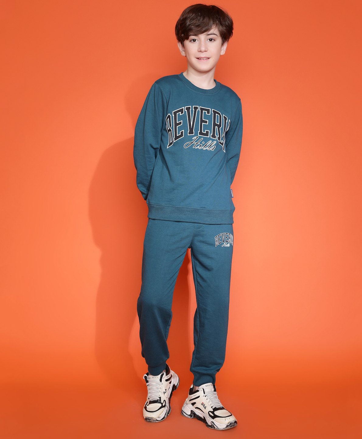 Lil Tomatoes Cotton Looper Full Sleeves Beverly Hills Text Printed Track Suit Set - Teal Blue-picture-16