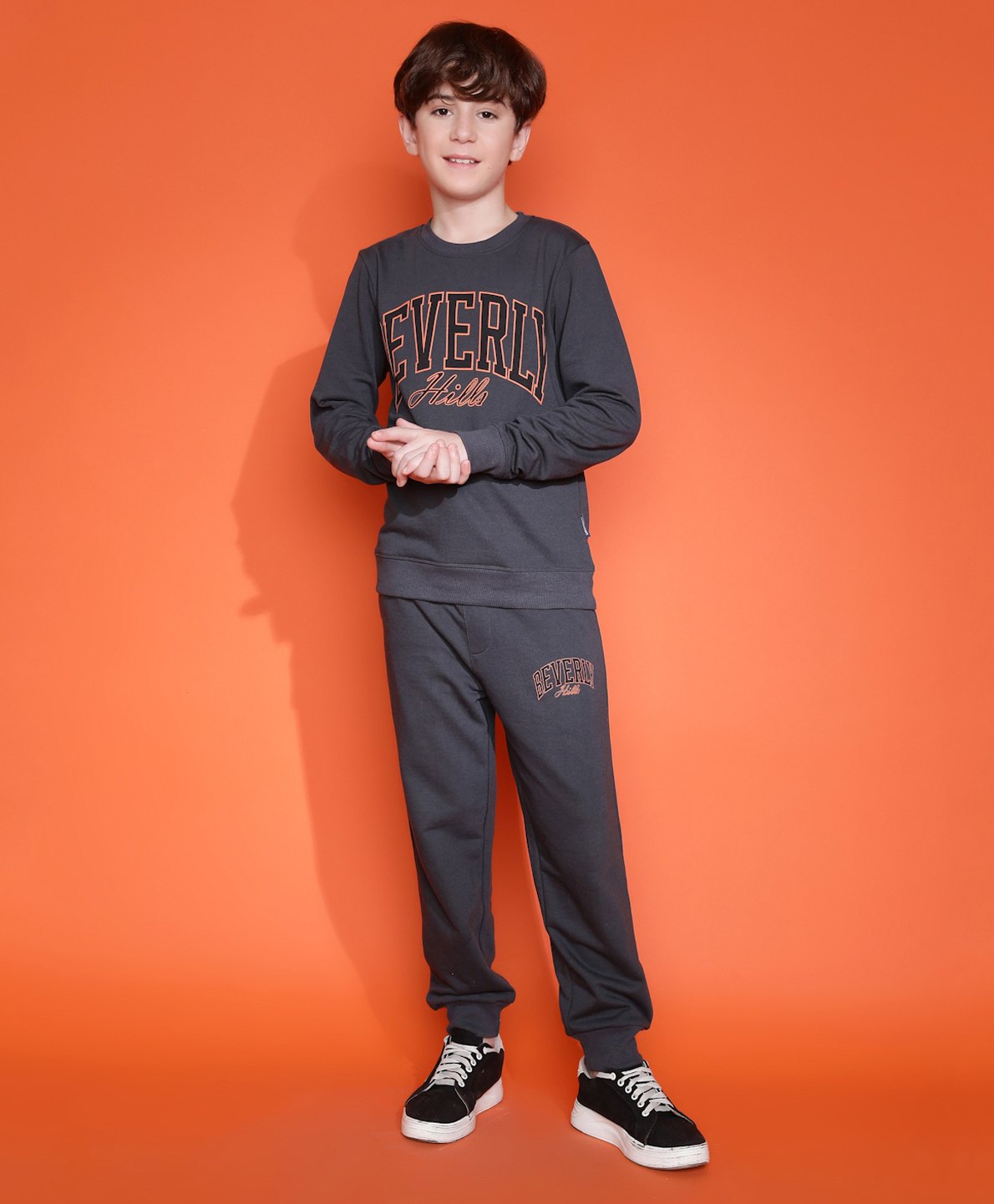 Lil Tomatoes Cotton Looper Full Sleeves Beverly Hills Text Printed Track Suit Sets - Charcoal Grey-picture-19