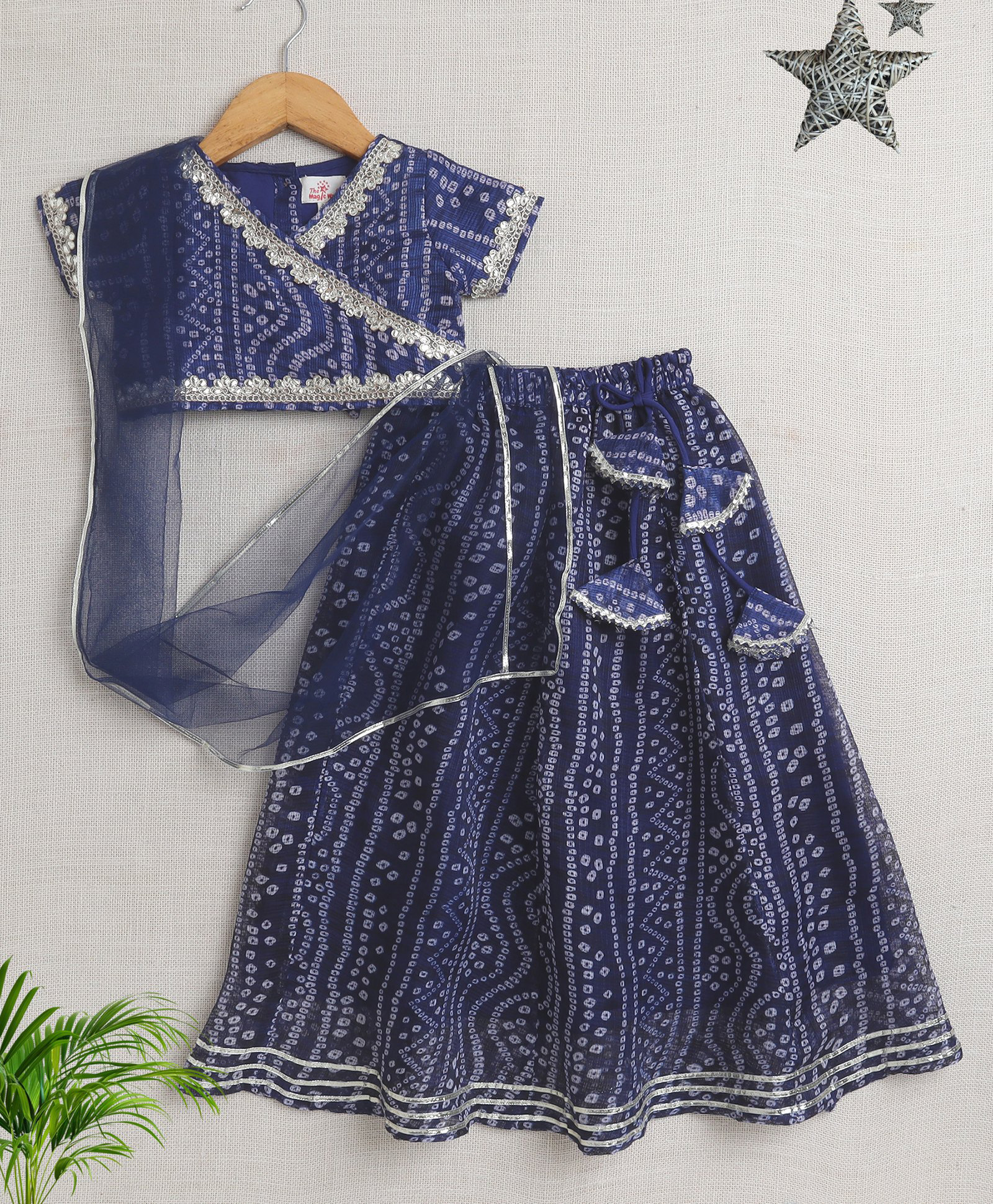The Magic Wand Half Sleeves Bandhani Designed & Lace Embellished Coordinating Lehenga Choli With Dupatta Set - Navy Blue-picture-4